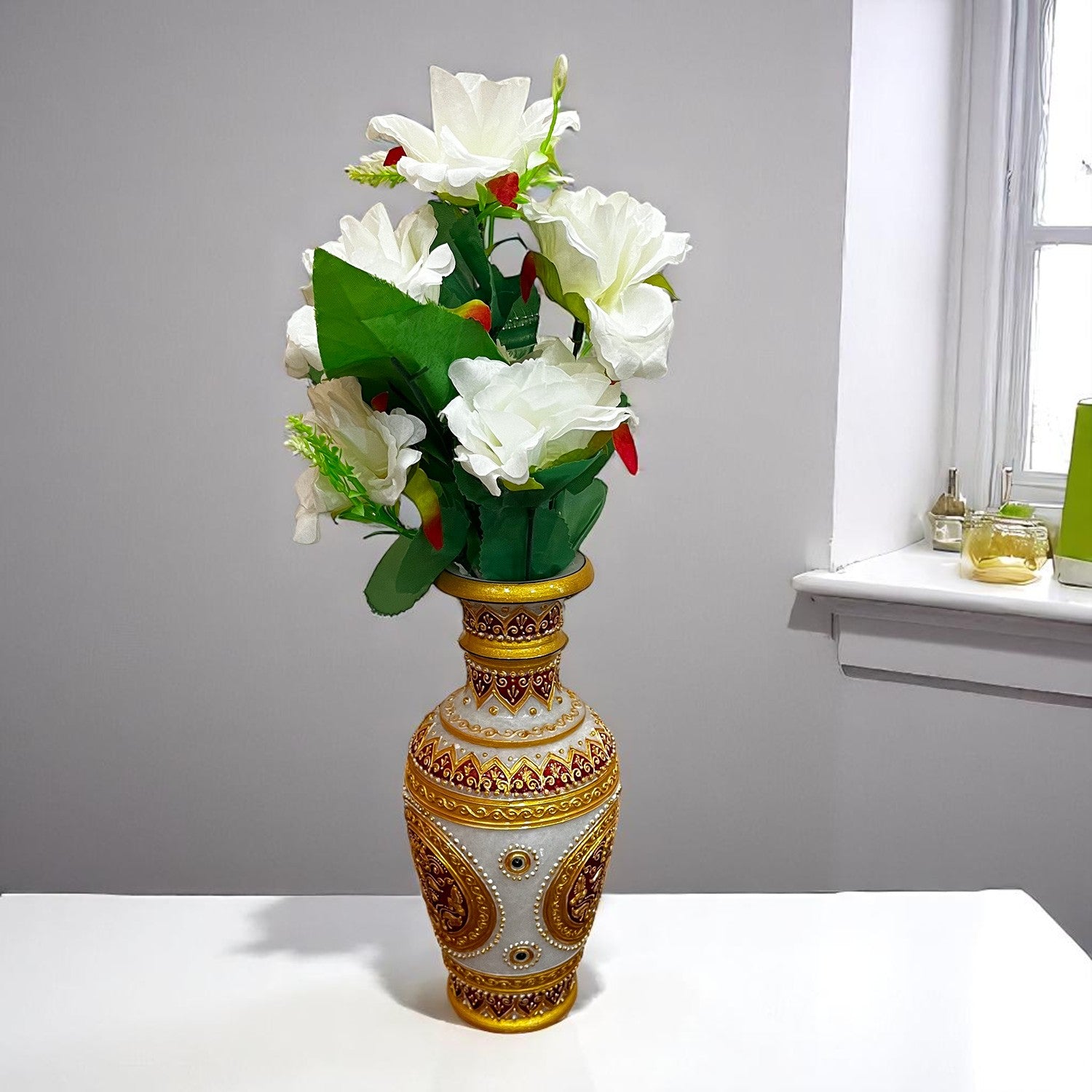 Artificial Flowers Rose | Faux Gulab Flowers Bunch - for Home Decor, Living Room, Office & Festivals Decoration (Vase Not Included) - 15 Inch  Apkamart #Colour_White