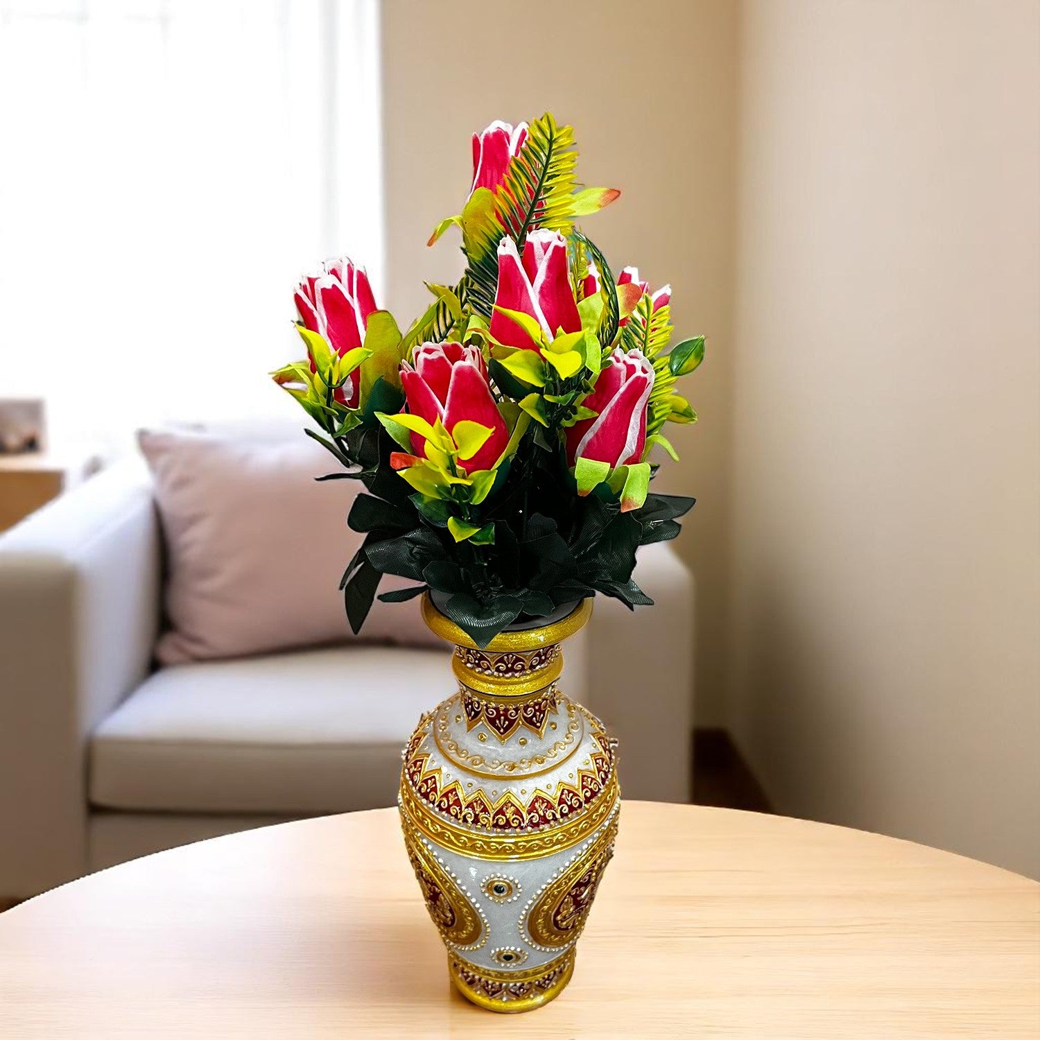 Artificial Flowers Rose Bunches for Vase Pot | Faux Flowers Stem - for Home Decor, Living Room, Office & Festivals Decoration (Vase Not Included) - 14 Inch - Apkamart #Colour_Pink