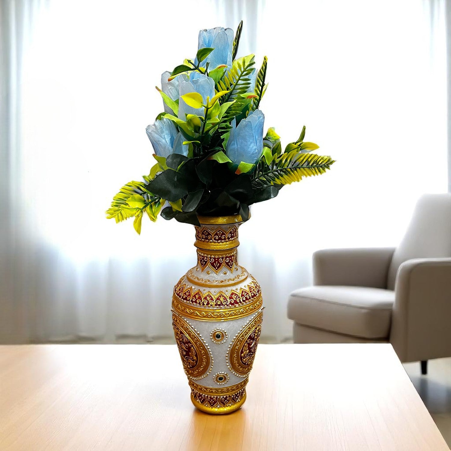 Artificial Flowers Rose Bunches for Vase Pot | Faux Flowers Stem - for Home Decor, Living Room, Office & Festivals Decoration (Vase Not Included) - 14 Inch - Apkamart #Colour_Blue