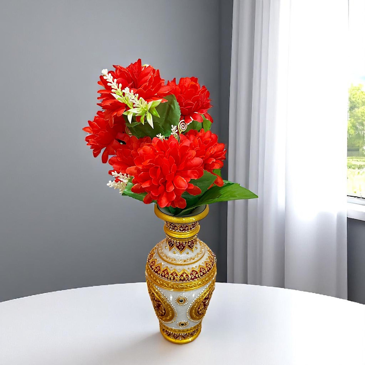 Artificial Flowers Dahlia Bunches for Vase Pot | Faux Flowers Stick - for Home Decor, Living Room, Wedding & Party Decoration (Vase Not Included) - 14 Inch - Apkamart #Colour_Red