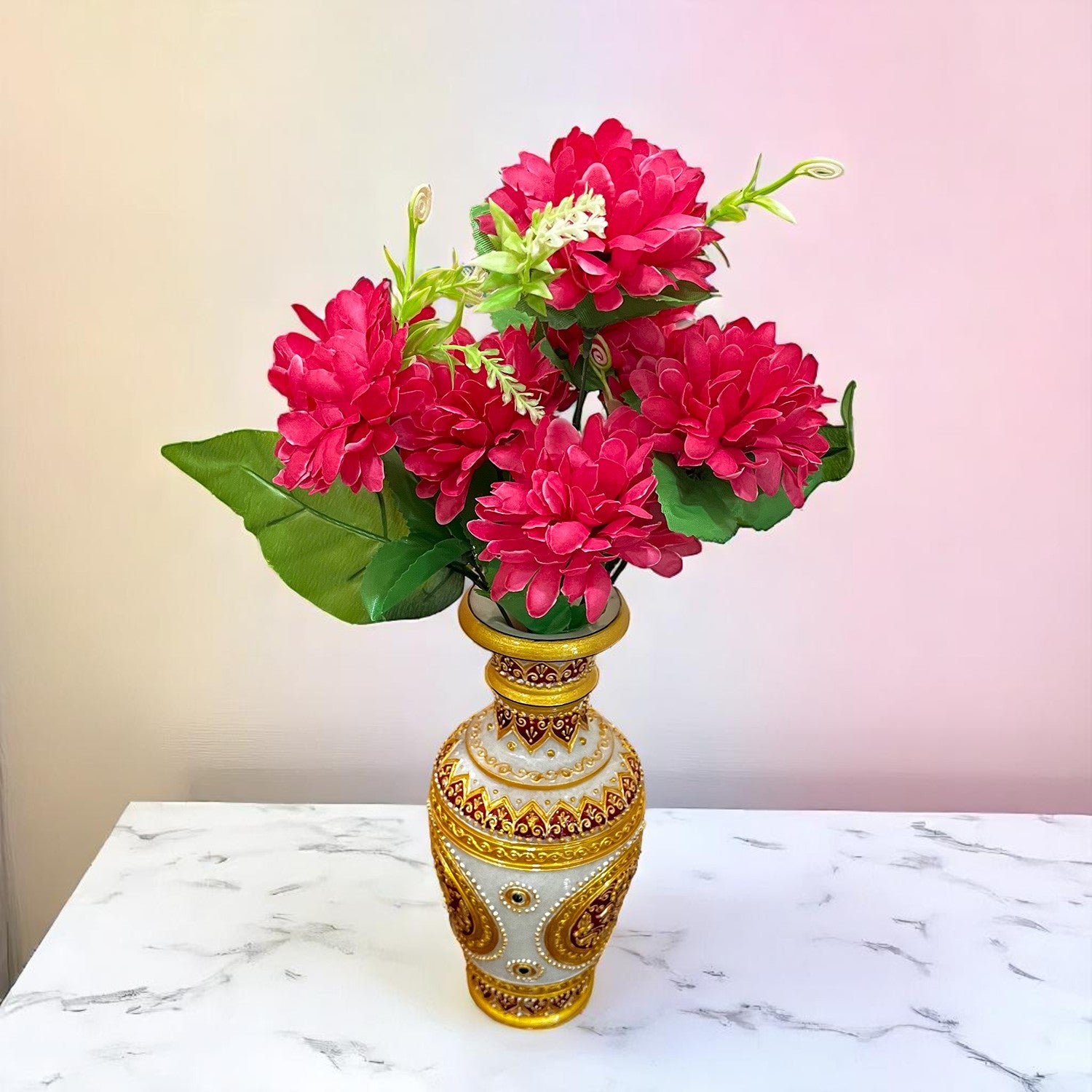 Artificial Flowers Dahlia Bunches for Vase Pot | Faux Flowers Stick - for Home Decor, Living Room, Wedding & Party Decoration (Vase Not Included) - 14 Inch - Apkamart #Colour_Pink