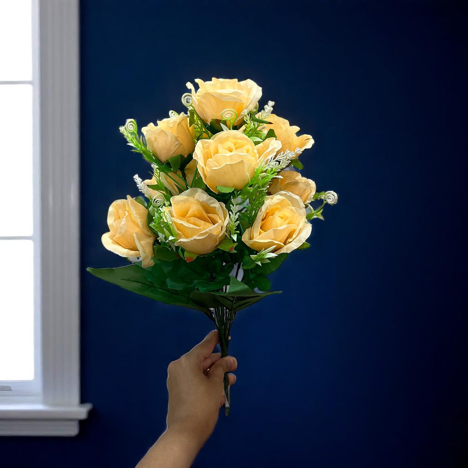 Artificial Rose Flower Bouquets | Faux Flowers Bunch - for Table Vase, Pot, Home Decor, Living Room, Side Table Centerpiece - 17 Inch - Apkamart #Style_Design 1