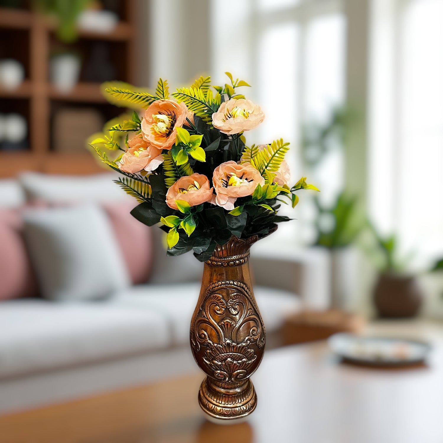 Artificial Flowers Rose Buoquet For Pot | Faux Flower Sticks - for Home Decor, Living Room, Office & Festivals Decoration (Vase Not Included) - 17 Inch - Apkamart #Colour_Orange