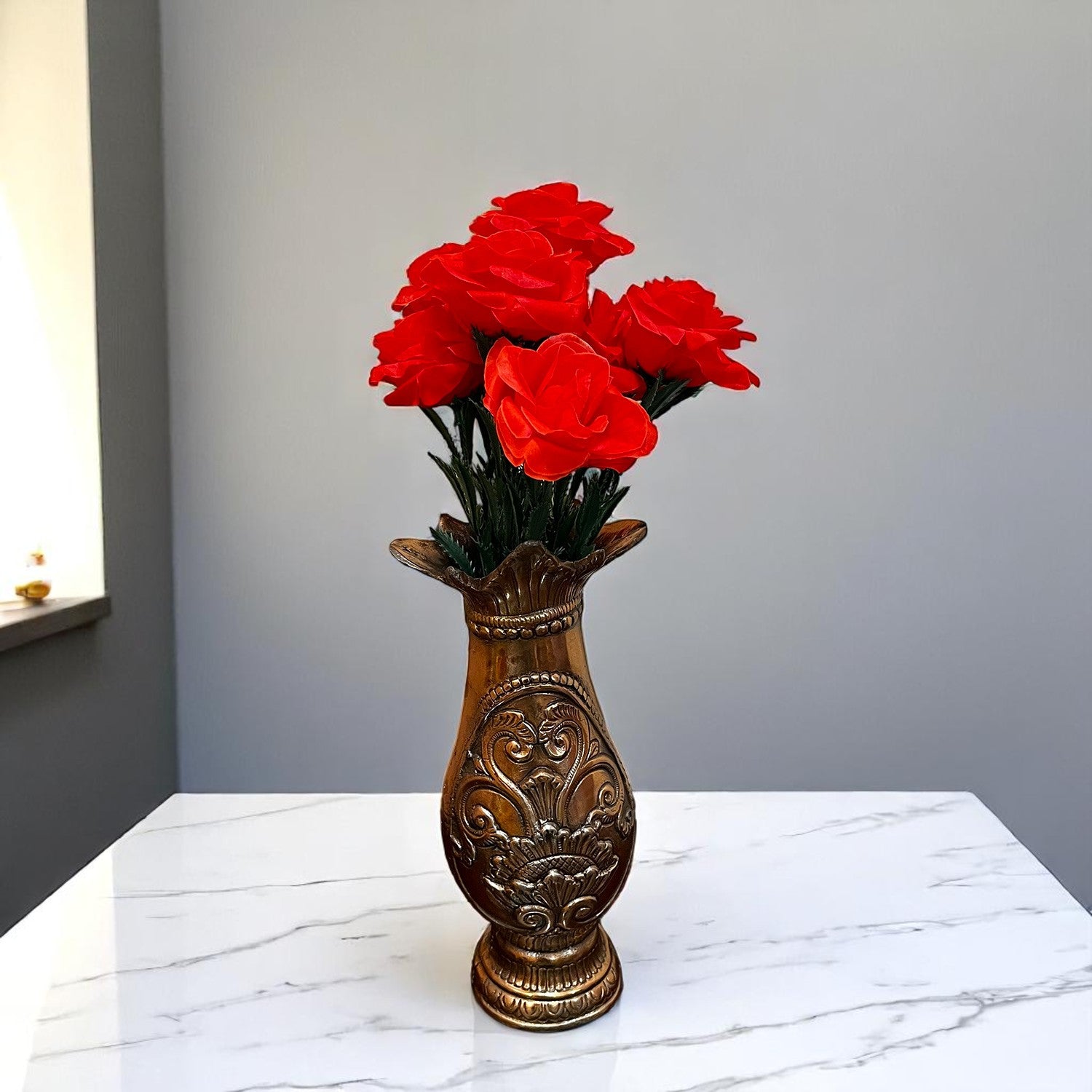 Artificial Flowers Rose Bunches for Vase Pot | Faux Flowers Stem - for Home Decor, Living Room, Office & Festivals Decoration (Vase Not Included) - 18 Inch - Apkamart #Colour_Red