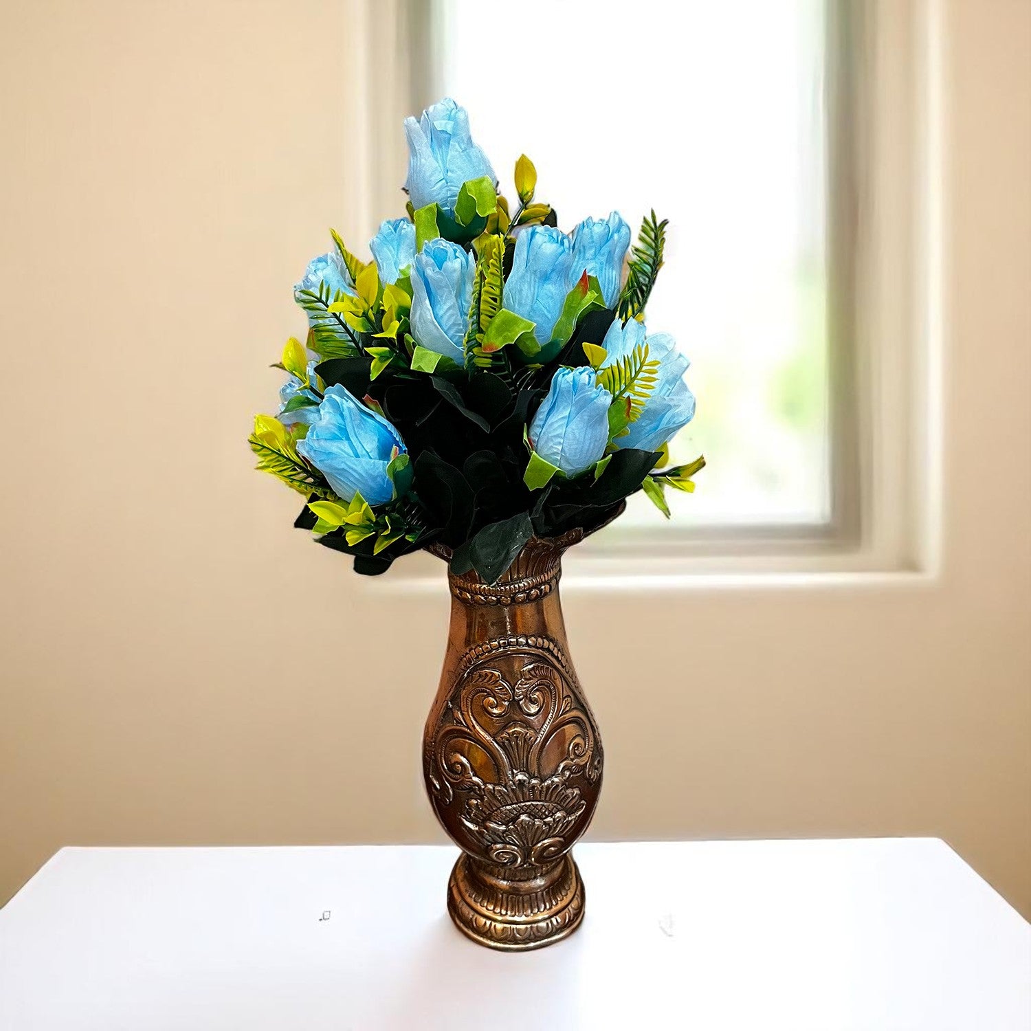 Artificial Flowers Rose Bunches for Vase Pot | Faux Flowers Stem - for Home Decor, Living Room, Office & Festivals Decoration (Vase Not Included) - 14 Inch - Apkamart #Colour_Blue