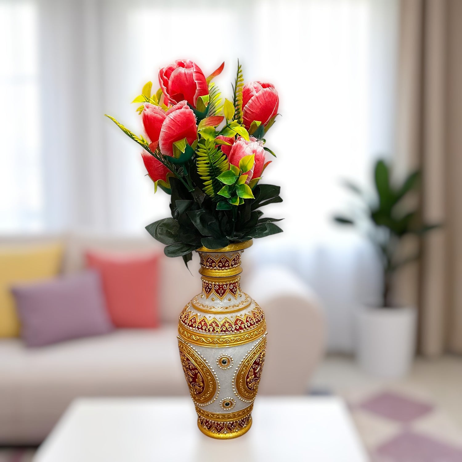 Artificial Flowers Rose Bunches For Pot | Faux Flower Sticks - for Home Decor, Living Room, Office & Festivals Decoration (Vase Not Included) - 14 Inch - Apkamart #Colour_Pink