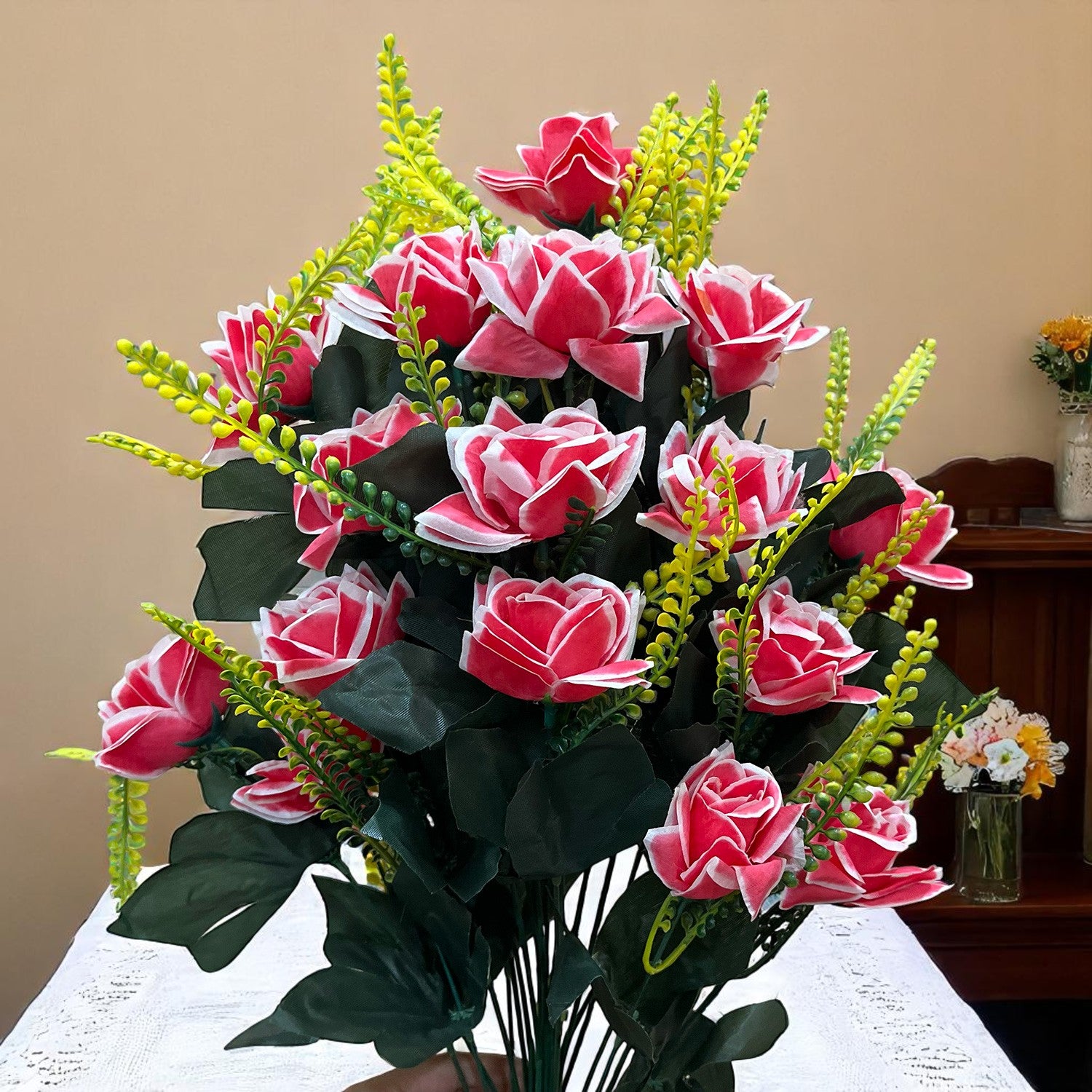 Artificial Flower Rose Bouquets | Faux Flowers Bunch - for Table Vase, Pot, Home Decor, Living Room, Side Table Centerpiece - 26 Inch - Apkamart #Colour_Pink