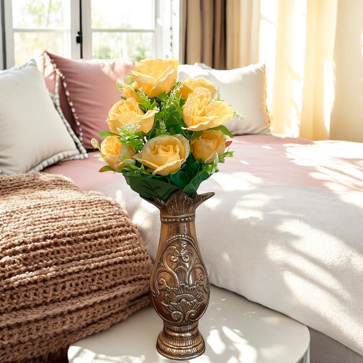 Artificial Rose Flower Bouquets | Faux Flowers Bunch - for Table Vase, Pot, Home Decor, Living Room, Side Table Centerpiece - 17 Inch - Apkamart #Style_Design 1