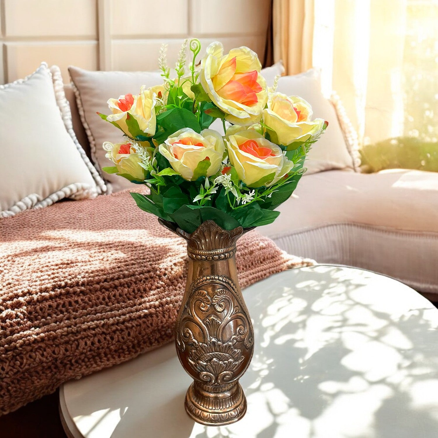 Artificial Rose Flower Bouquets | Faux Flowers Bunch - for Table Vase, Pot, Home Decor, Living Room, Side Table Centerpiece - 17 Inch - Apkamart #Style_Design 2