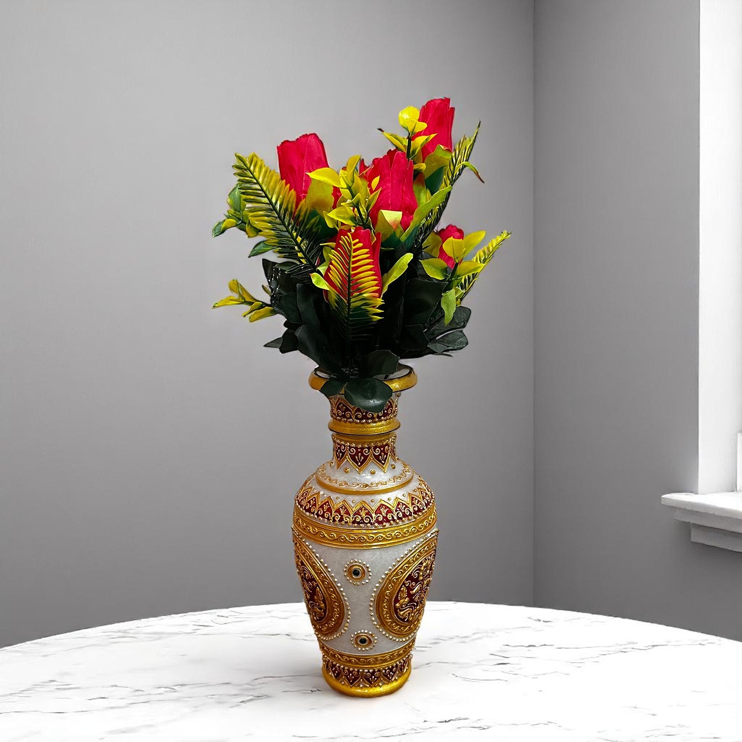 Artificial Flowers Rose Bouquet | Faux Flowers Bunch / Sticks - for Home Decor, Living Room, Office & Festivals Decoration (Vase Not Included) - 15 Inch - Apkamart #Colour_Red