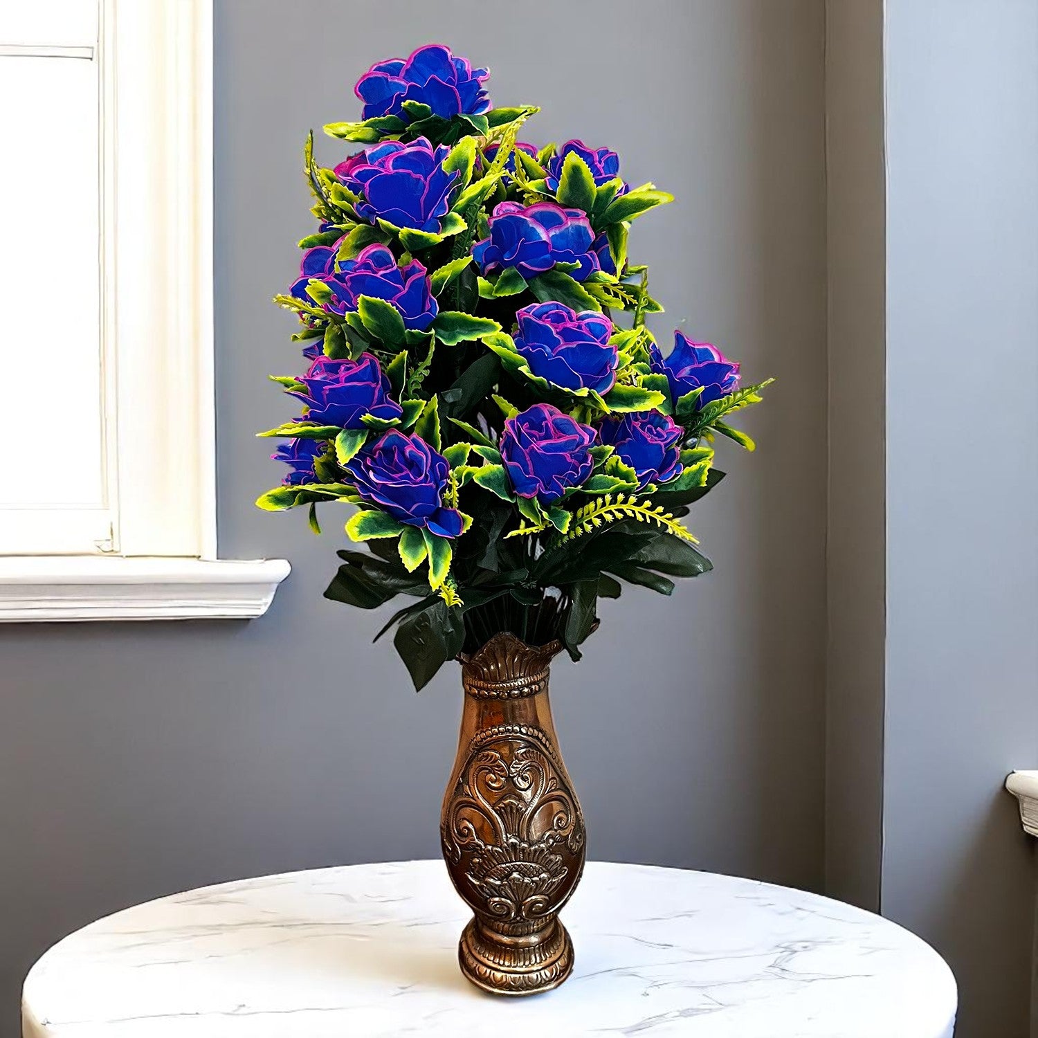 Artificial Flowers Rose Bunches for Vase | Faux Flowers Stem - for Home Decor, Living Room, Office & Festivals Decoration (Vase Not Included) - 27 Inch - Apkamart #Colour_Blue