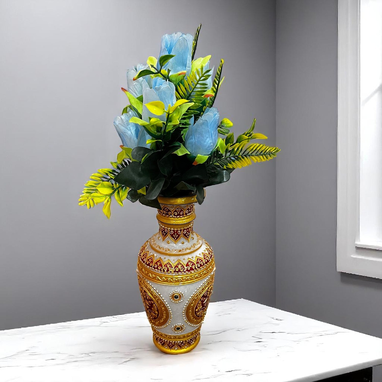 Artificial Flowers Rose Bunches for Vase Pot | Faux Flowers Stem - for Home Decor, Living Room, Office & Festivals Decoration (Vase Not Included) - 14 Inch - Apkamart #Colour_Blue