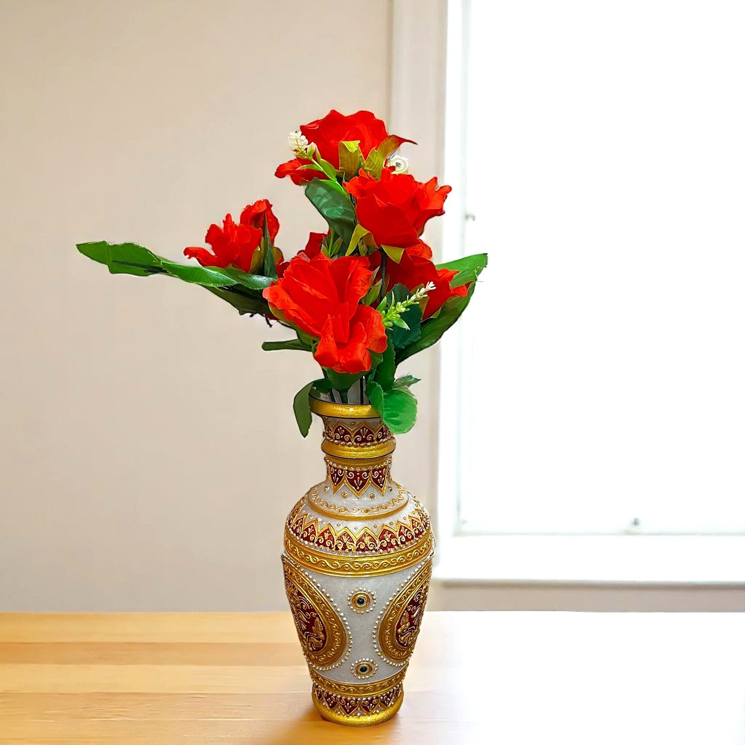 Artificial Flowers Rose | Faux Gulab Flowers Bunch - for Home Decor, Living Room, Office & Festivals Decoration (Vase Not Included) - 15 Inch  Apkamart #Colour_Red