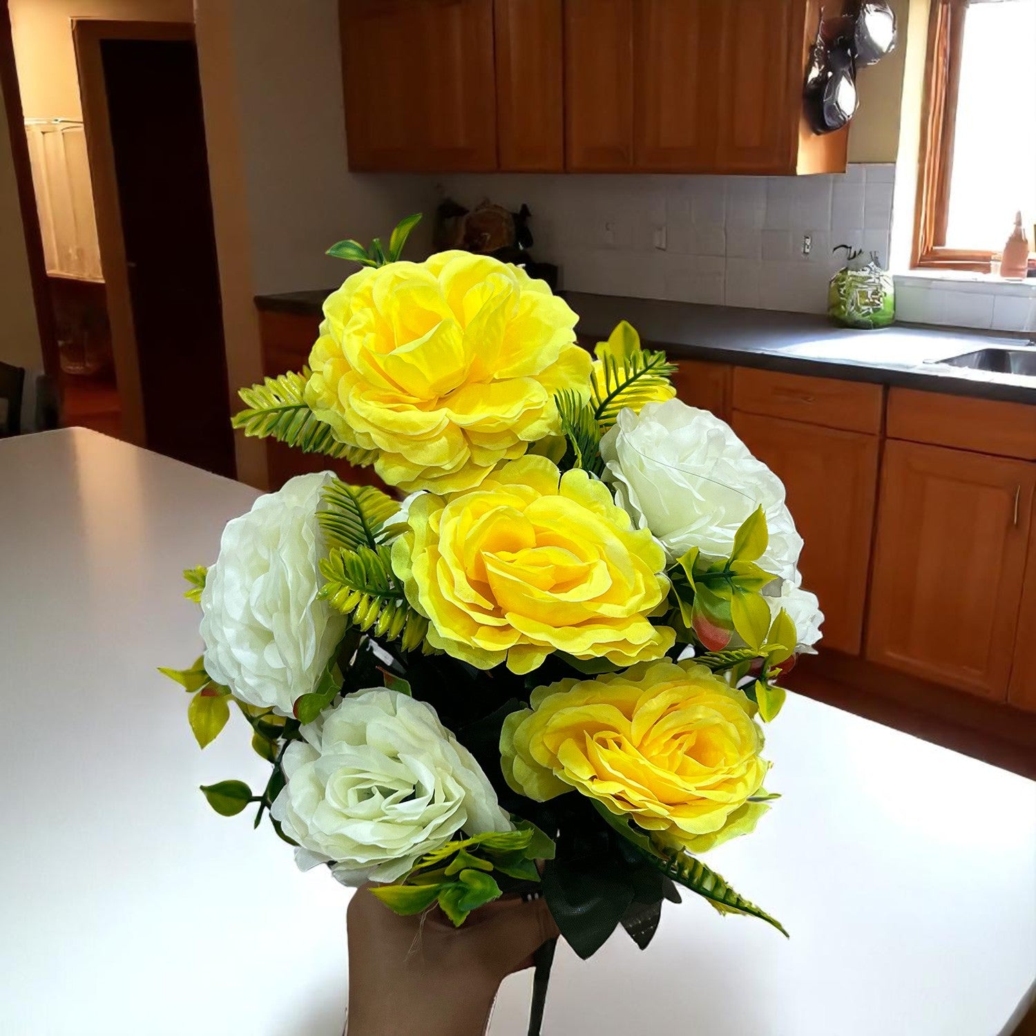 Artificial Flowers Rose Bunches for Vase Pot | Faux Flowers Stem - for Home Decor Living Office Corner Room Side Table Centerpiece - 18 Inch - Apkamart #Style_Design 1