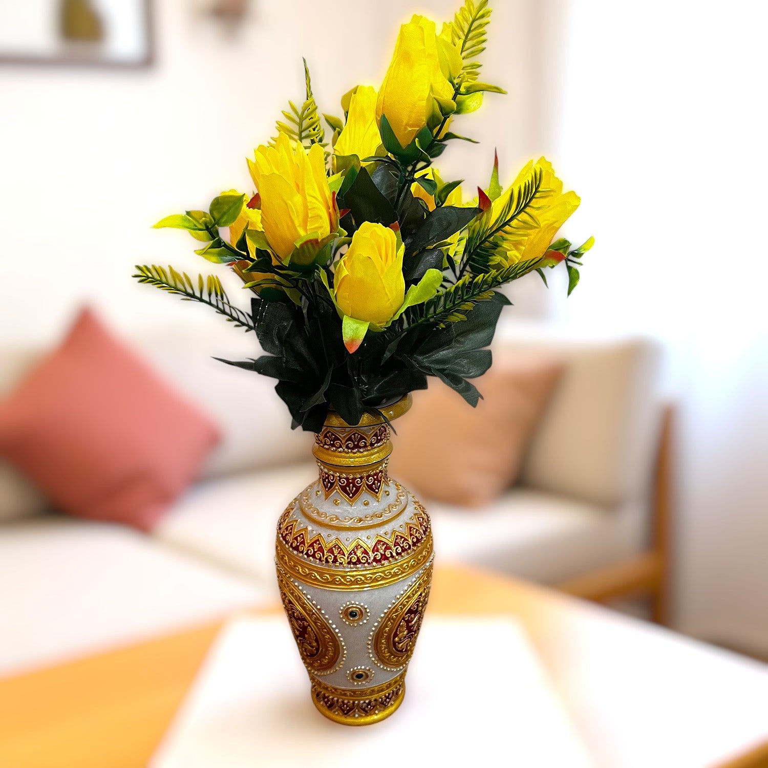 Artificial Flowers Rose Bunches for Vase Pot | Faux Flowers Stem - for Home Decor, Living Room, Office & Festivals Decoration (Vase Not Included) - 14 Inch - Apkamart #Colour_Yellow