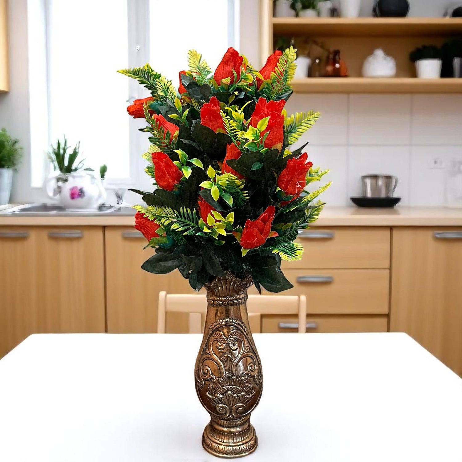 Artificial Flower Rose Bouquets | Fake Flowers Bunch - For Vase, Pot, Home, Bedroom, Balcony, Office Corner, Living Room - 26 Inch - Apkamart #Colour_Red