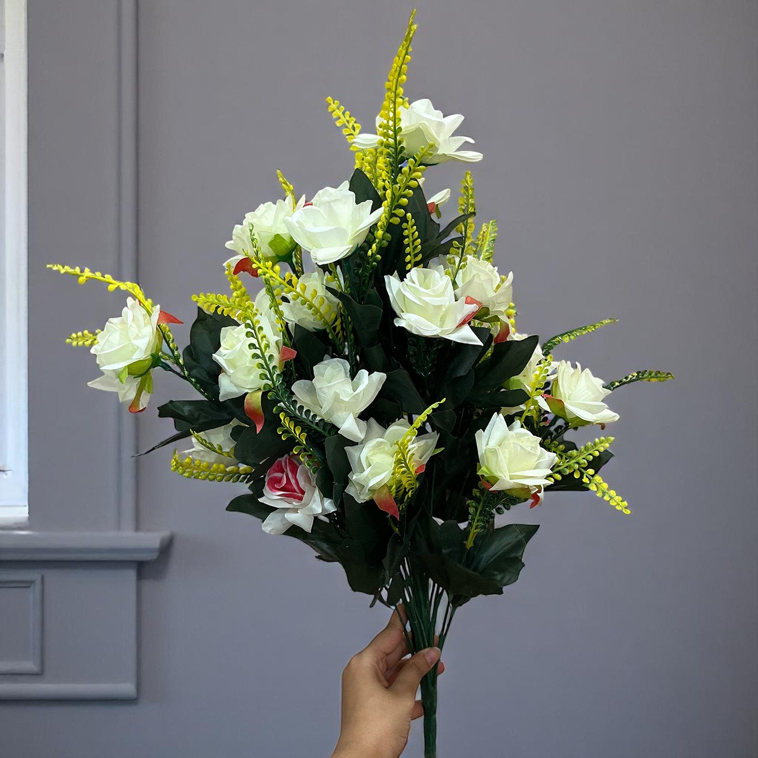 Artificial Flower Rose Bouquets | Faux Flowers Bunch - for Table Vase, Pot, Home Decor, Living Room, Side Table Centerpiece - 26 Inch - Apkamart #Colour_White