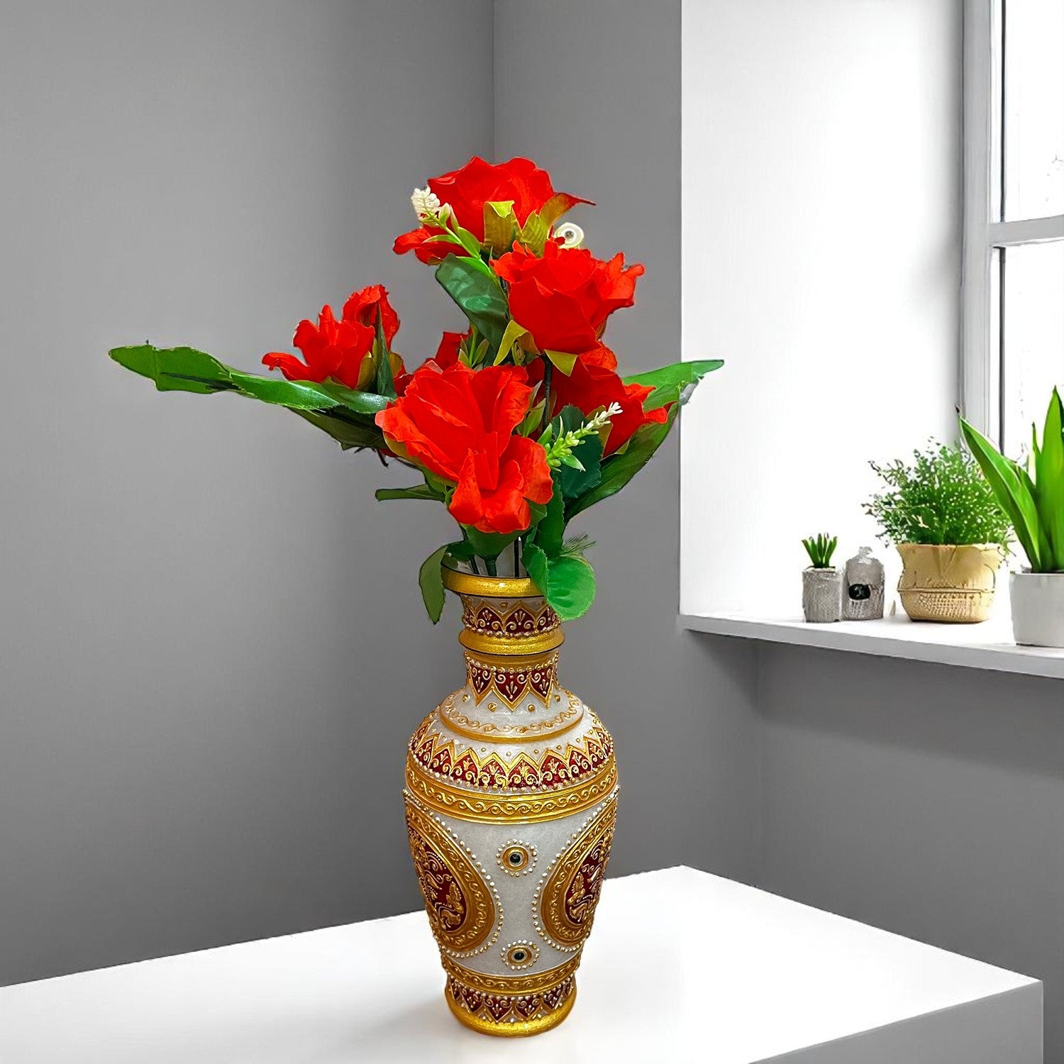 Artificial Flowers Rose | Faux Gulab Flowers Bunch - for Home Decor, Living Room, Office & Festivals Decoration (Vase Not Included) - 15 Inch  Apkamart #Colour_Red