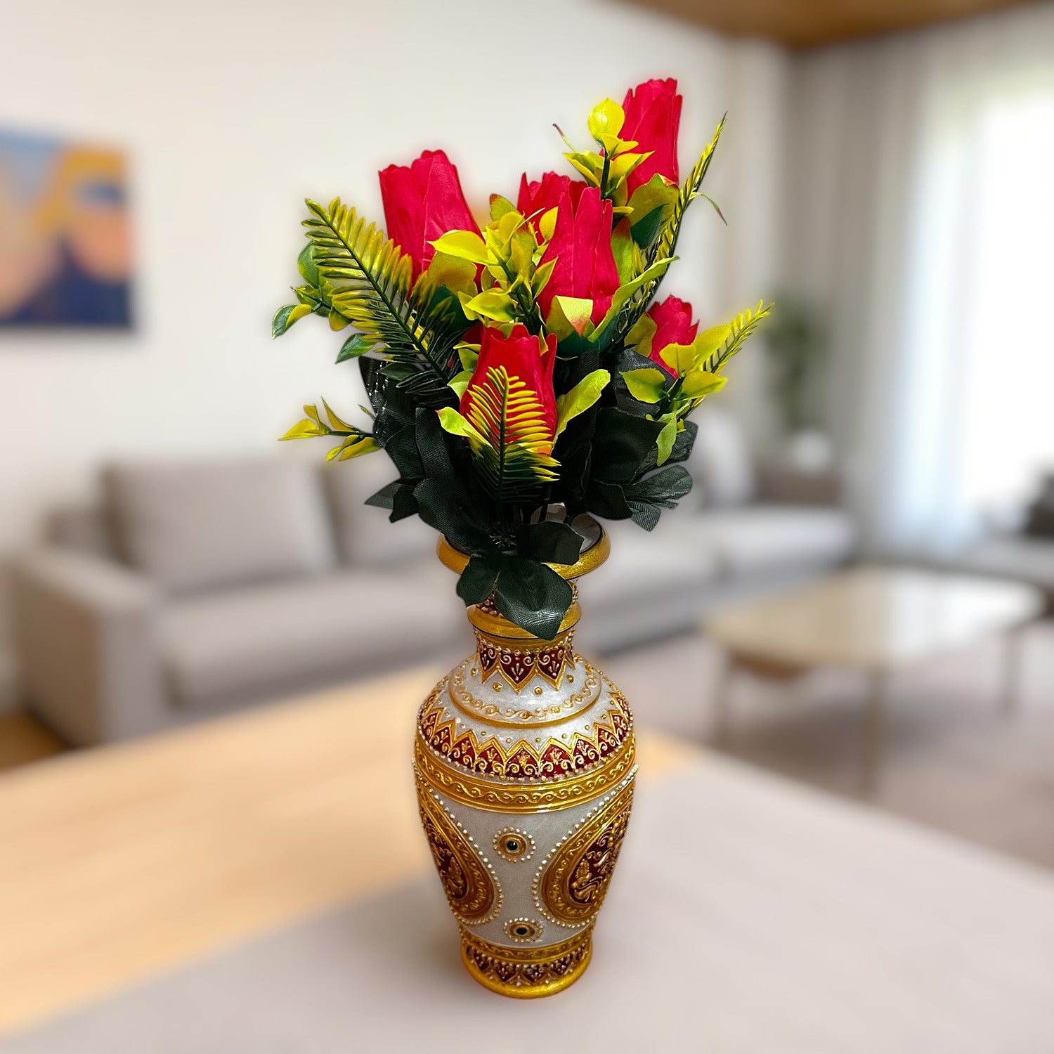 Artificial Flowers Rose Bouquet | Faux Flowers Bunch / Sticks - for Home Decor, Living Room, Office & Festivals Decoration (Vase Not Included) - 15 Inch - Apkamart #Colour_Red