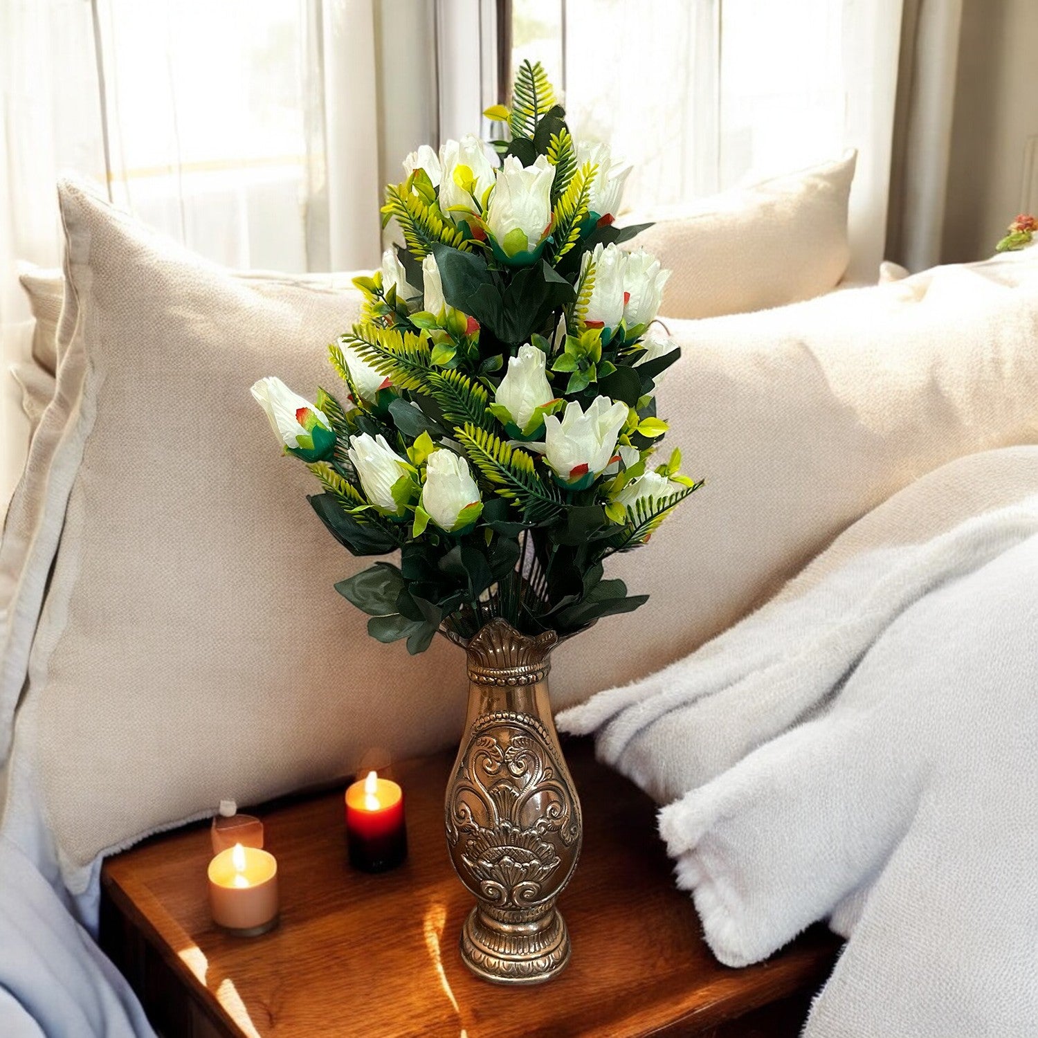 Artificial Flower Rose Bouquets | Fake Flowers Bunch - For Vase, Pot, Home, Bedroom, Balcony, Office Corner, Living Room - 26 Inch - Apkamart #Colour_White