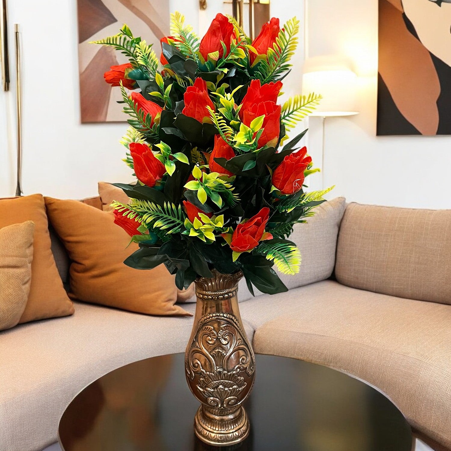 Artificial Flower Rose Bouquets | Fake Flowers Bunch - For Vase, Pot, Home, Bedroom, Balcony, Office Corner, Living Room - 26 Inch - Apkamart #Colour_Red