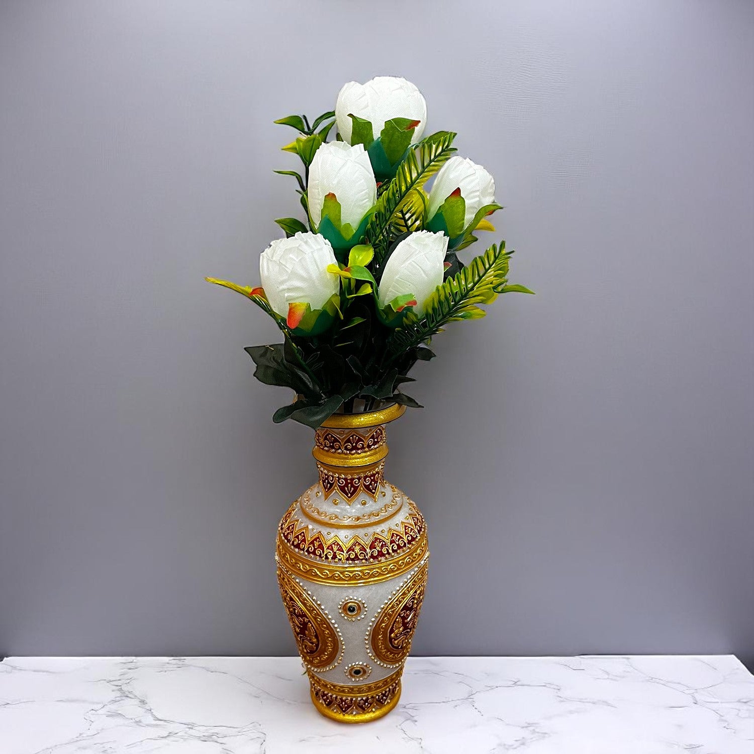 Artificial Flowers Rose Bunches For Pot | Faux Flower Sticks - for Home Decor, Living Room, Office & Festivals Decoration (Vase Not Included) - 14 Inch - Apkamart #Colour_White