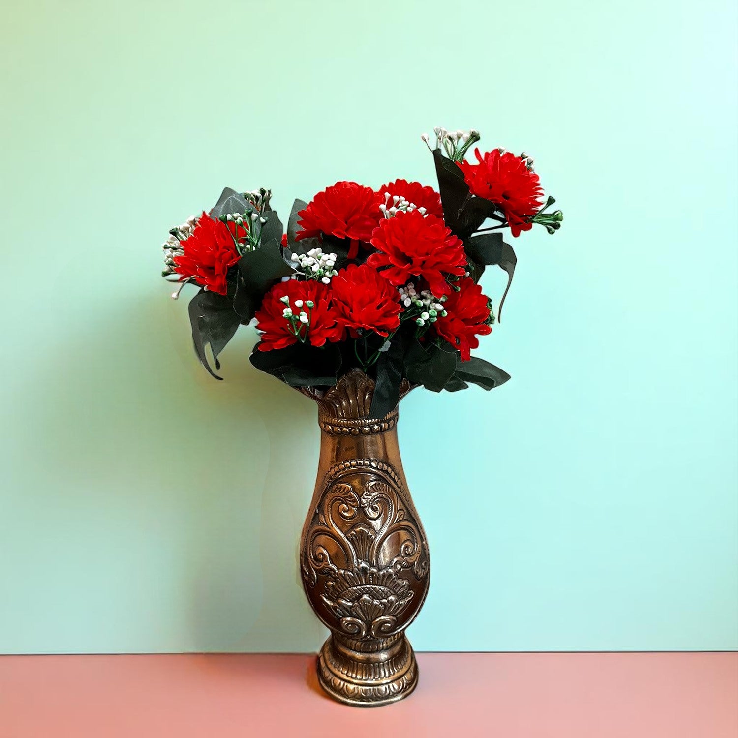 Artificial Flower Plant With Vase Pot | Decorative Flowers Bunch & Stems - for Table Vase, Pot, Home Decor, Living Room, Side Table Centerpiece & Festival Decoration - Apkamart #Colour_Red