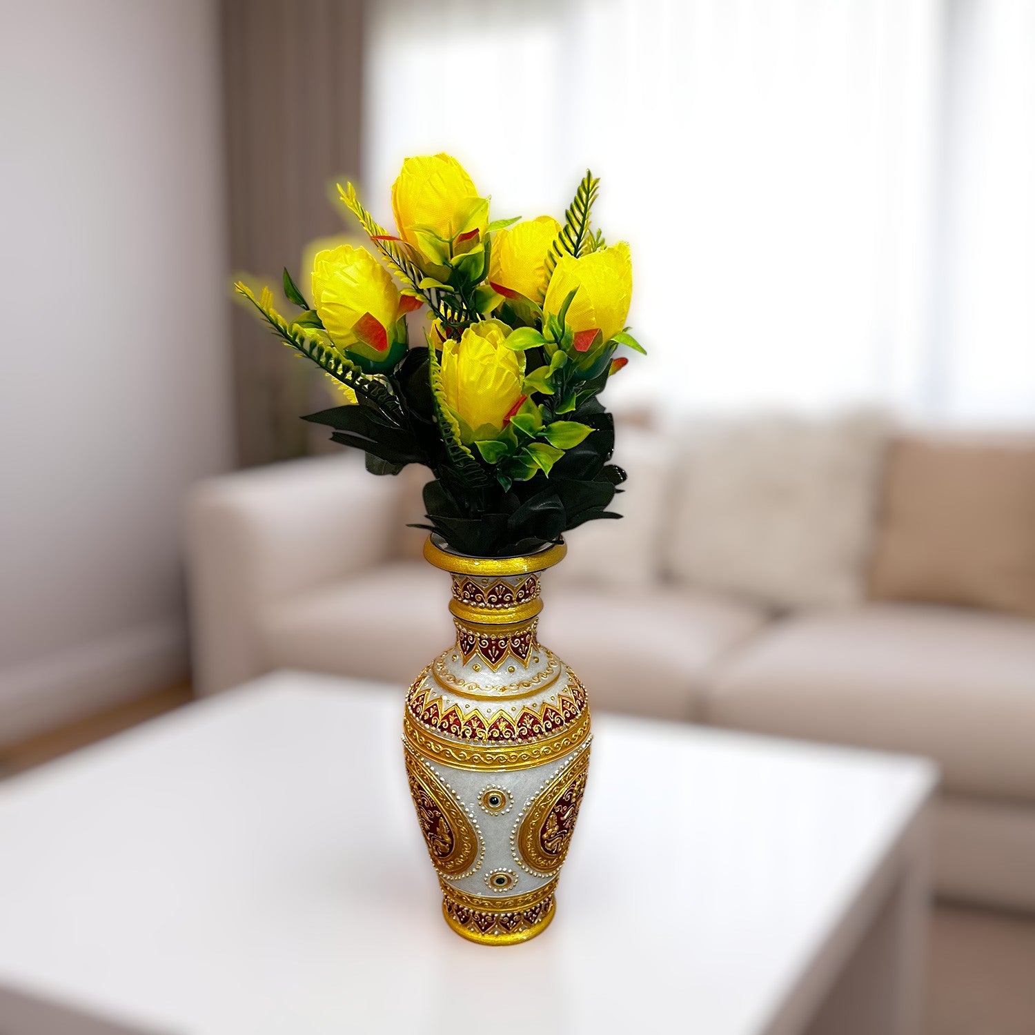 Artificial Flowers Rose Bunches For Pot | Faux Flower Sticks - for Home Decor, Living Room, Office & Festivals Decoration (Vase Not Included) - 14 Inch - Apkamart #Colour_Yellow