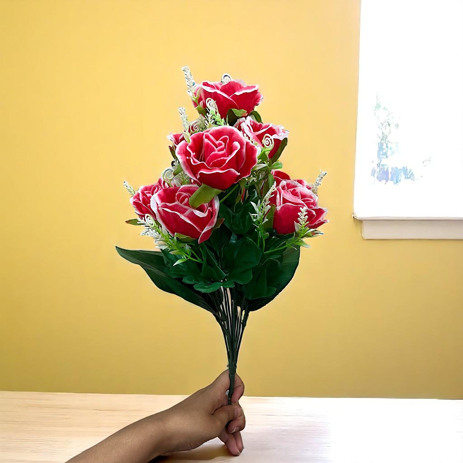 Artificial Rose Flower Bouquets | Faux Flowers Bunch - for Table Vase, Pot, Home Decor, Living Room, Side Table Centerpiece - 17 Inch - Apkamat #Style_Design 2