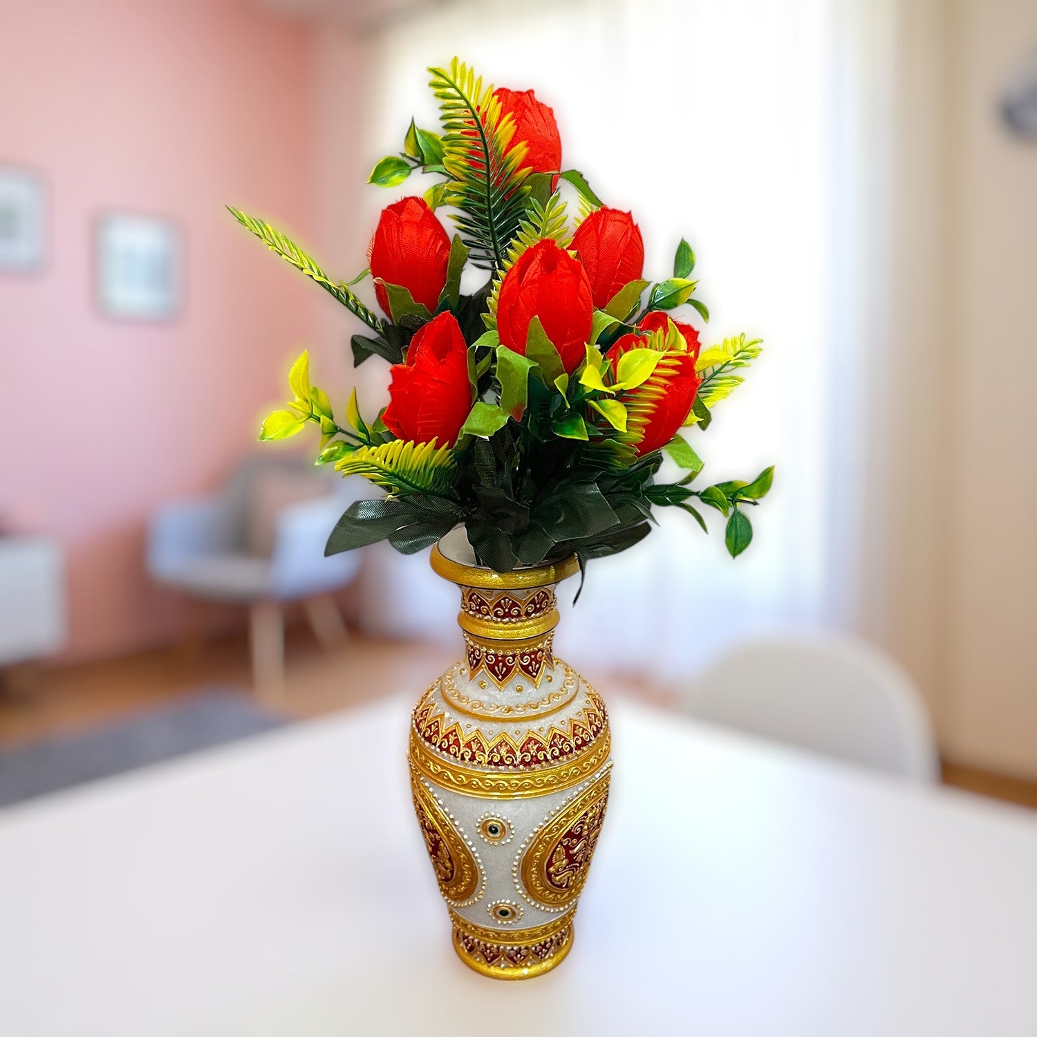 Artificial Flowers Rose Bunches For Pot | Faux Flower Sticks - for Home Decor, Living Room, Office & Festivals Decoration (Vase Not Included) - 14 Inch - Apkamart #Colour_Red