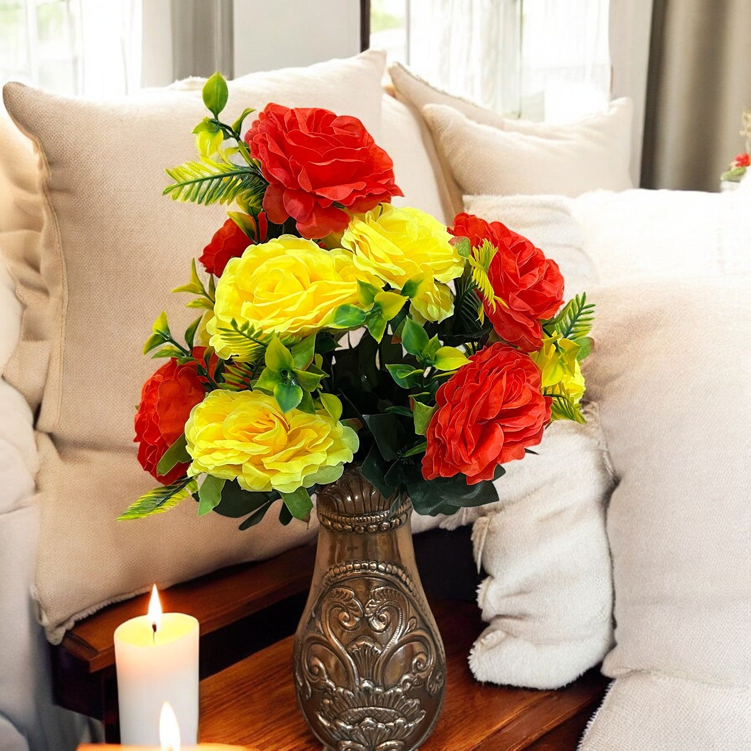 Artificial Flowers Rose Bunches for Vase Pot | Faux Flowers Stem - for Home Decor Living Room Side Table Centerpiece - 18 Inch - Apkamart #Style_Design 1