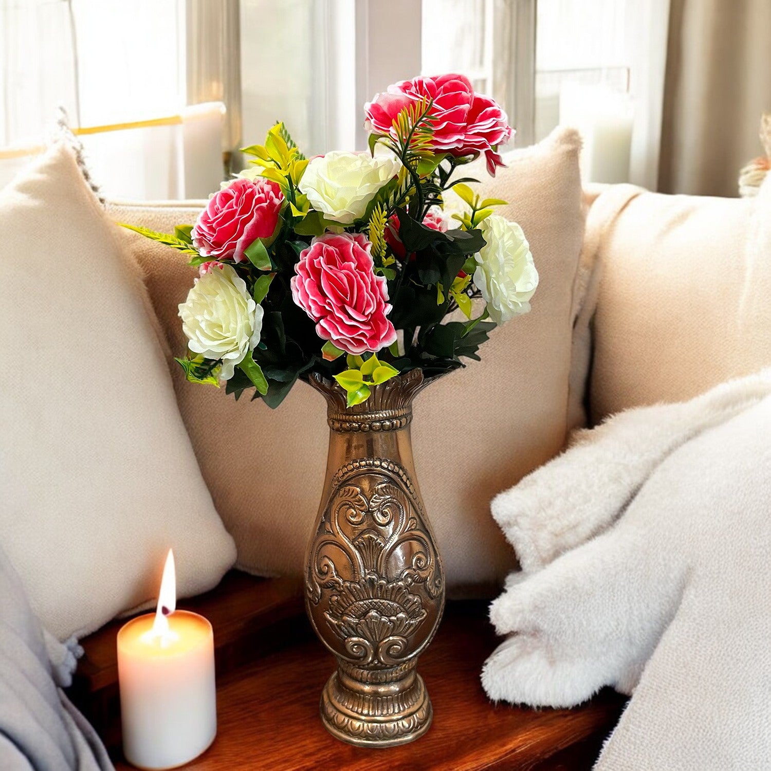 Artificial Flowers Rose Bunches for Vase Pot | Faux Flowers Stem - for Home Decor Living Office Corner Room Side Table Centerpiece - 18 Inch - Apkamart #Style_Design 2