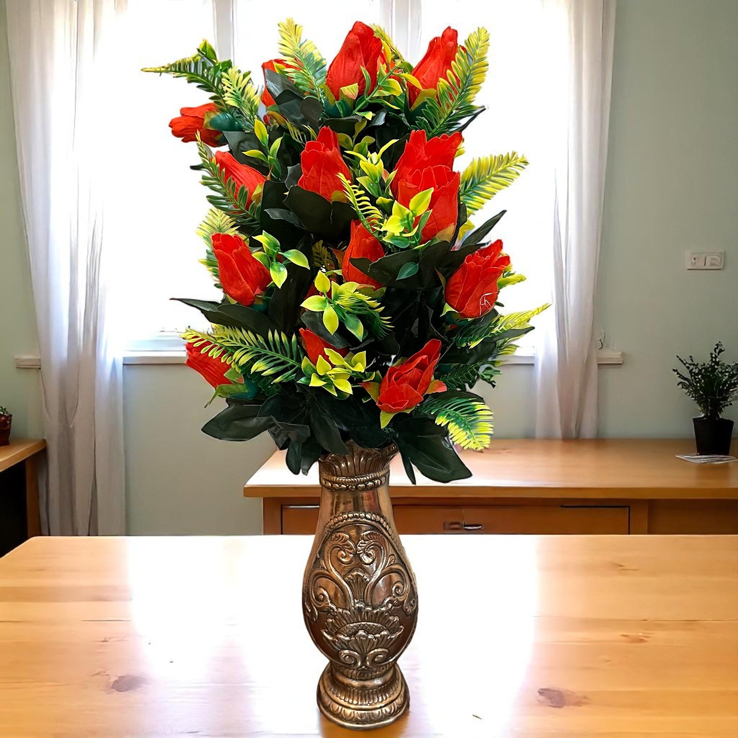 Artificial Flower Rose Bouquets | Fake Flowers Bunch - For Vase, Pot, Home, Bedroom, Balcony, Office Corner, Living Room - 26 Inch - Apkamart #Colour_Red