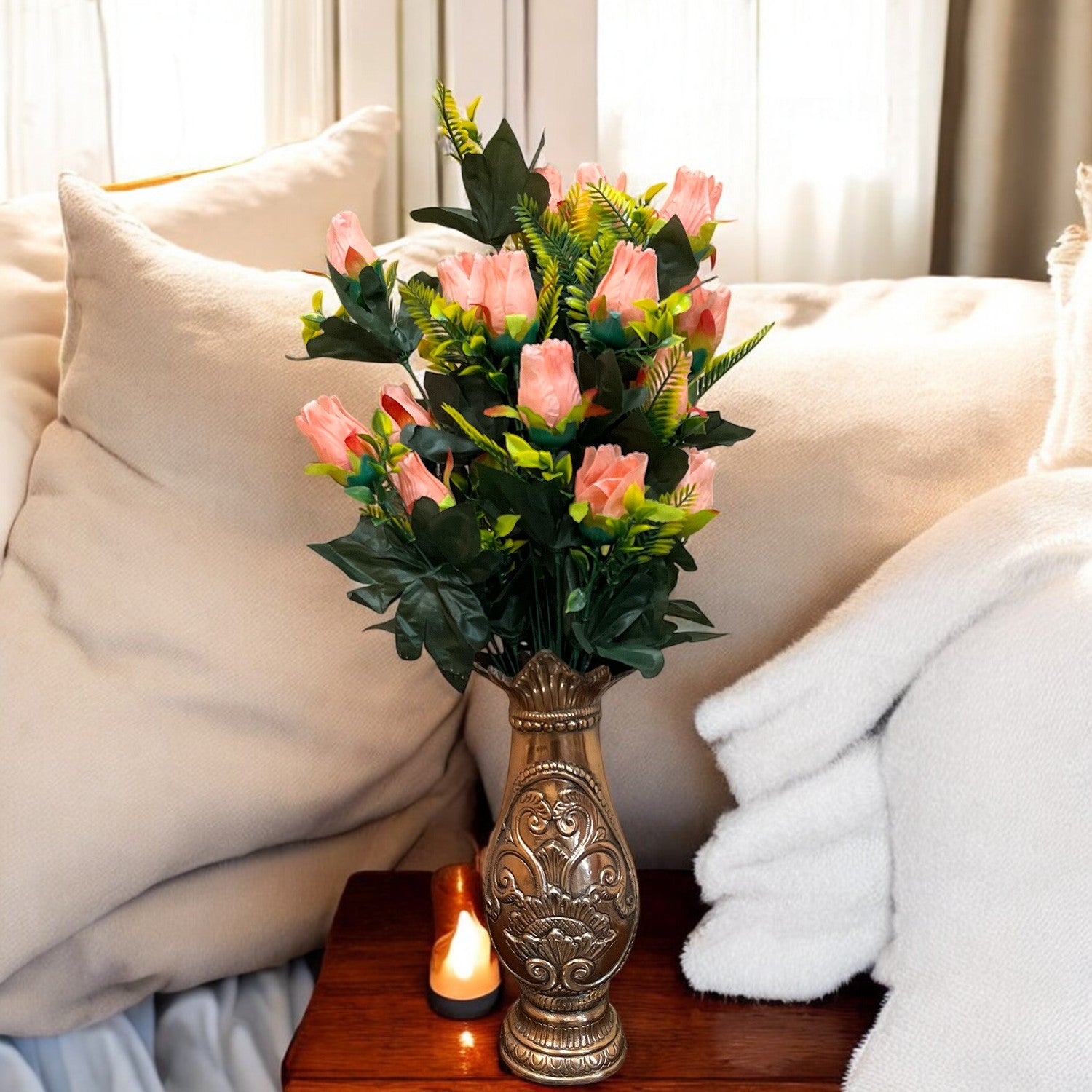 Artificial Flower Rose Bouquets | Fake Flowers Bunch - For Vase, Pot, Home, Bedroom, Balcony, Office Corner, Living Room - 26 Inch - Apkamart #Colour_Pink