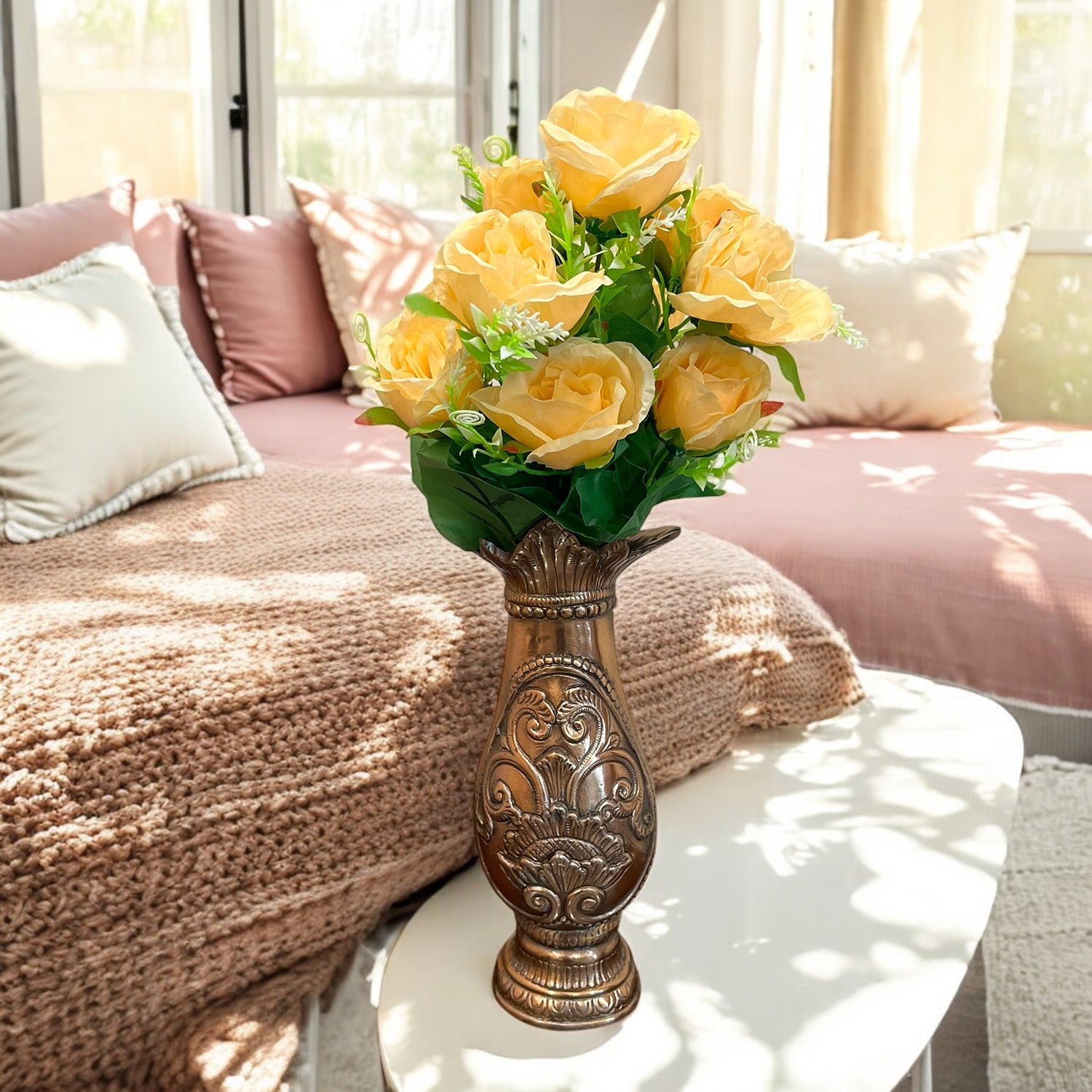 Artificial Rose Flower Bouquets | Faux Flowers Bunch - for Table Vase, Pot, Home Decor, Living Room, Side Table Centerpiece - 17 Inch - Apkamart #Style_Design 1