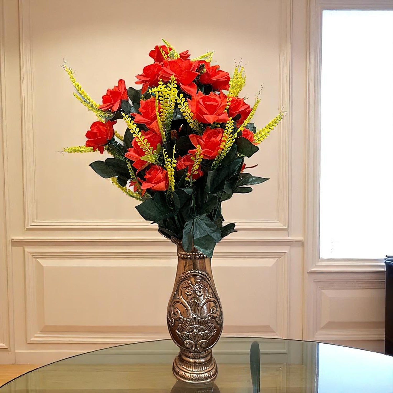 Artificial Flower Rose Bouquets | Faux Flowers Bunch - for Table Vase, Pot, Home Decor, Living Room, Side Table Centerpiece - 26 Inch - Apkamart #Colour_Red