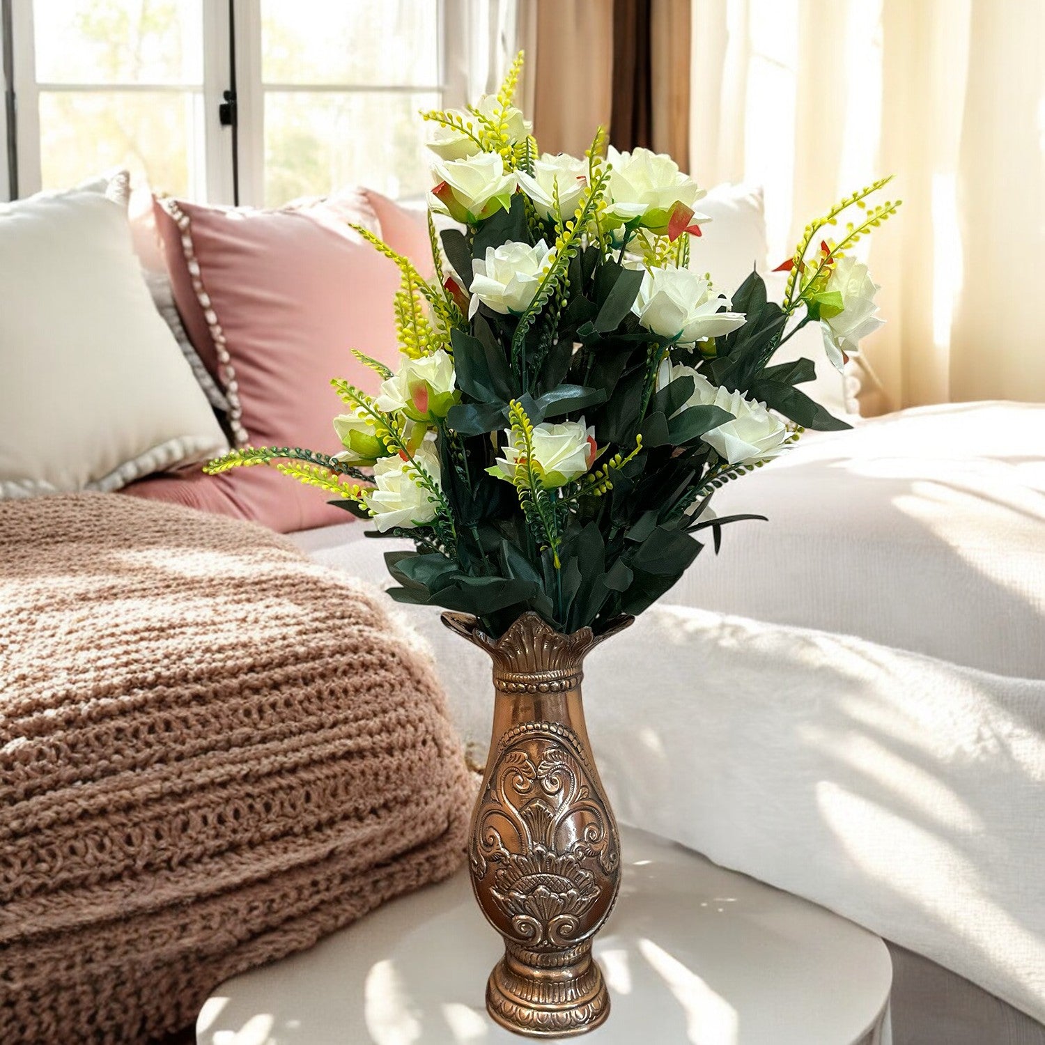 Artificial Flower Rose Bouquets | Faux Flowers Bunch - for Table Vase, Pot, Home Decor, Living Room, Side Table Centerpiece - 26 Inch - Apkamart #Colour_White