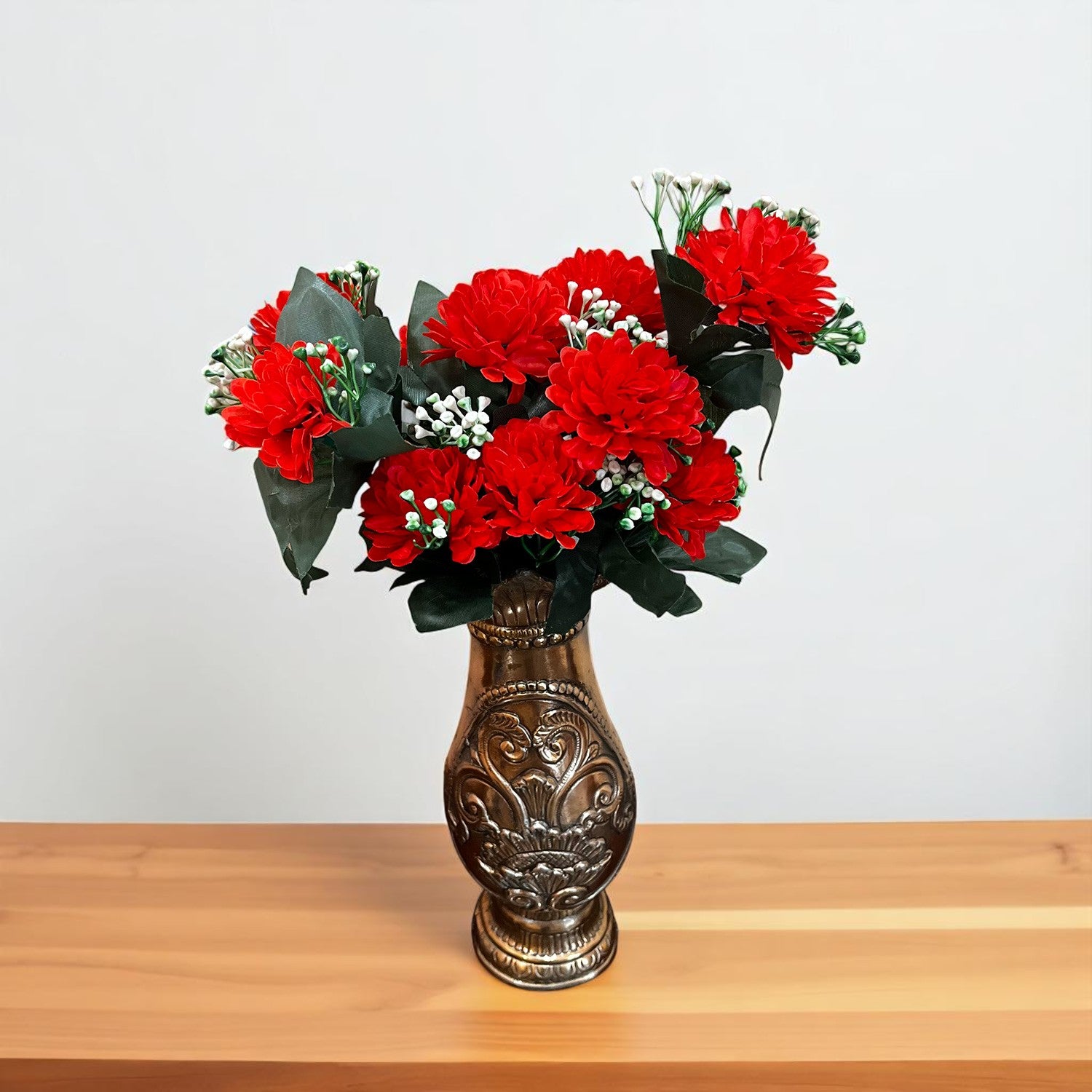 Artificial Flower Plant With Vase Pot | Decorative Flowers Bunch & Stems - for Table Vase, Pot, Home Decor, Living Room, Side Table Centerpiece & Festival Decoration - Apkamart #Colour_Red