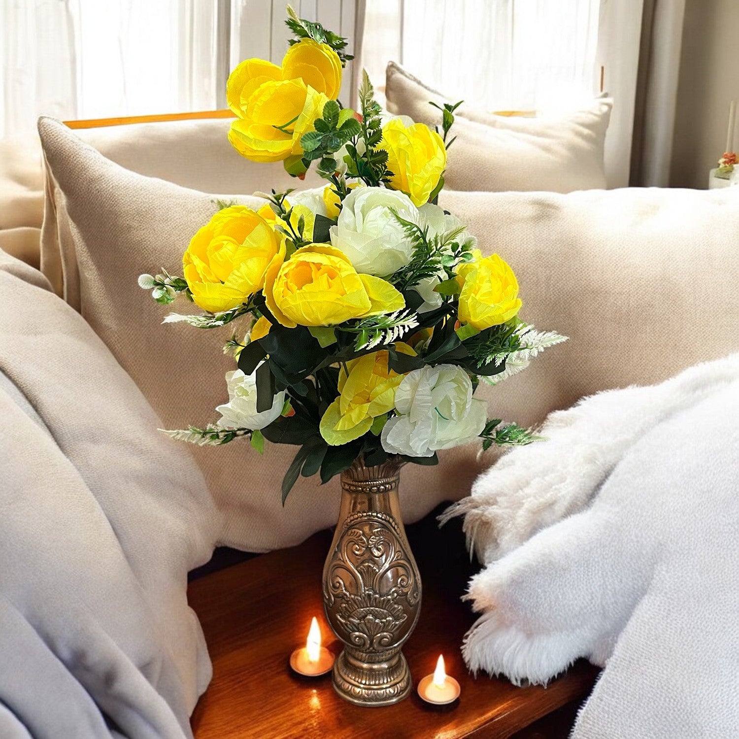 Artificial Rose Flowers With Pot | Faux Flowers Bunch - for Home Decor, Living Room, Side Table, Centerpiece - 26 Inch - Apkamart #Style_Design 1