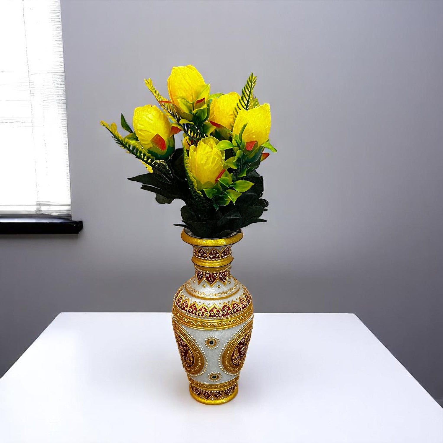 Artificial Flowers Rose Bunches For Pot | Faux Flower Sticks - for Home Decor, Living Room, Office & Festivals Decoration (Vase Not Included) - 14 Inch - Apkamart #Colour_Yellow