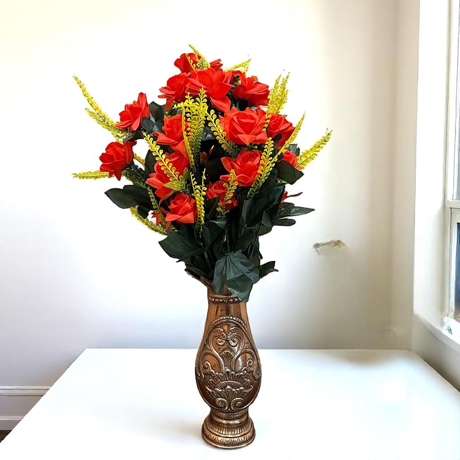 Artificial Flower Rose Bouquets | Faux Flowers Bunch - for Table Vase, Pot, Home Decor, Living Room, Side Table Centerpiece - 26 Inch - Apkamart #Colour_Red