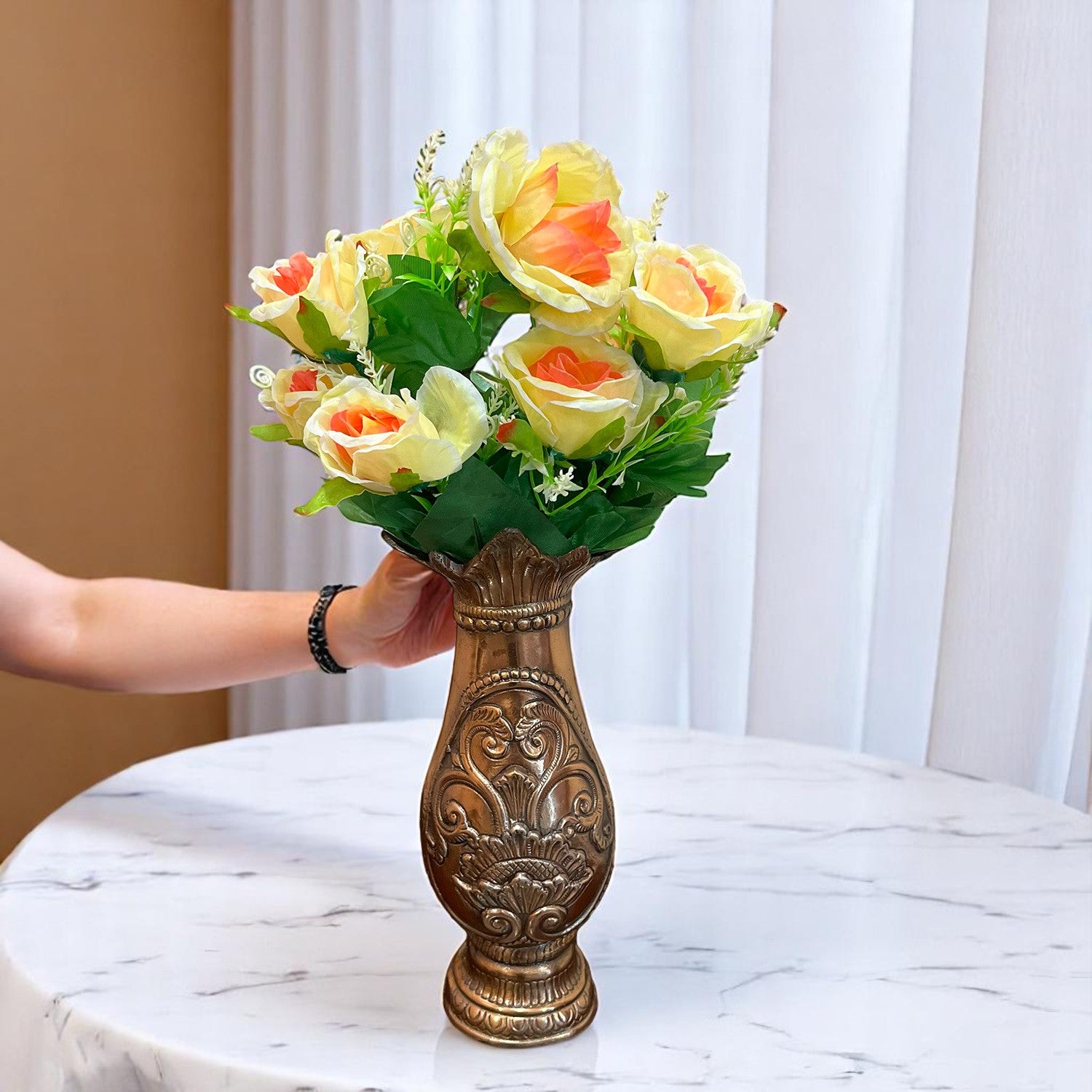 Artificial Rose Flower Bouquets | Faux Flowers Bunch - for Table Vase, Pot, Home Decor, Living Room, Side Table Centerpiece - 17 Inch - Apkamart #Style_Design 2