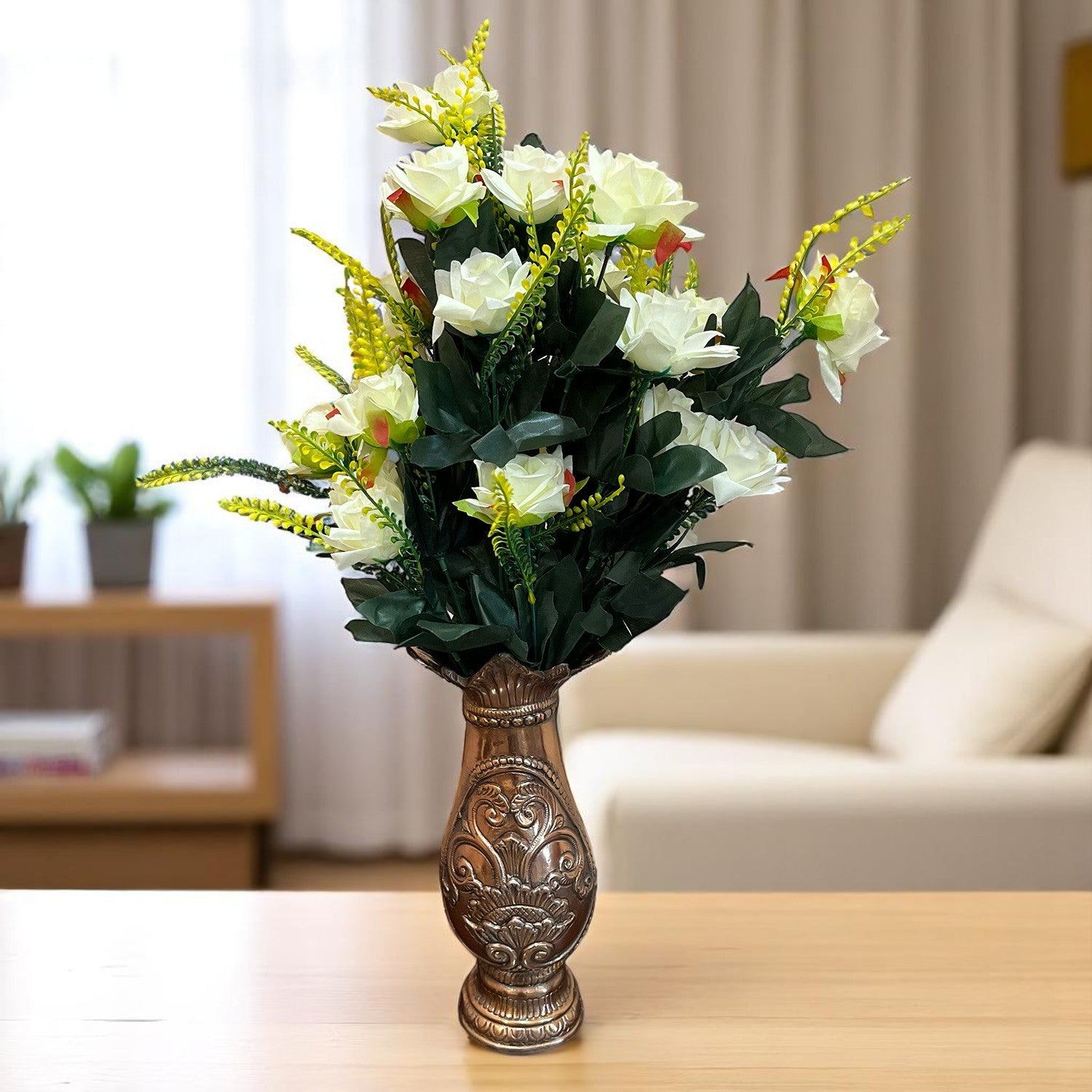 Artificial Flower Rose Bouquets | Faux Flowers Bunch - for Table Vase, Pot, Home Decor, Living Room, Side Table Centerpiece - 26 Inch - Apkamart #Colour_White