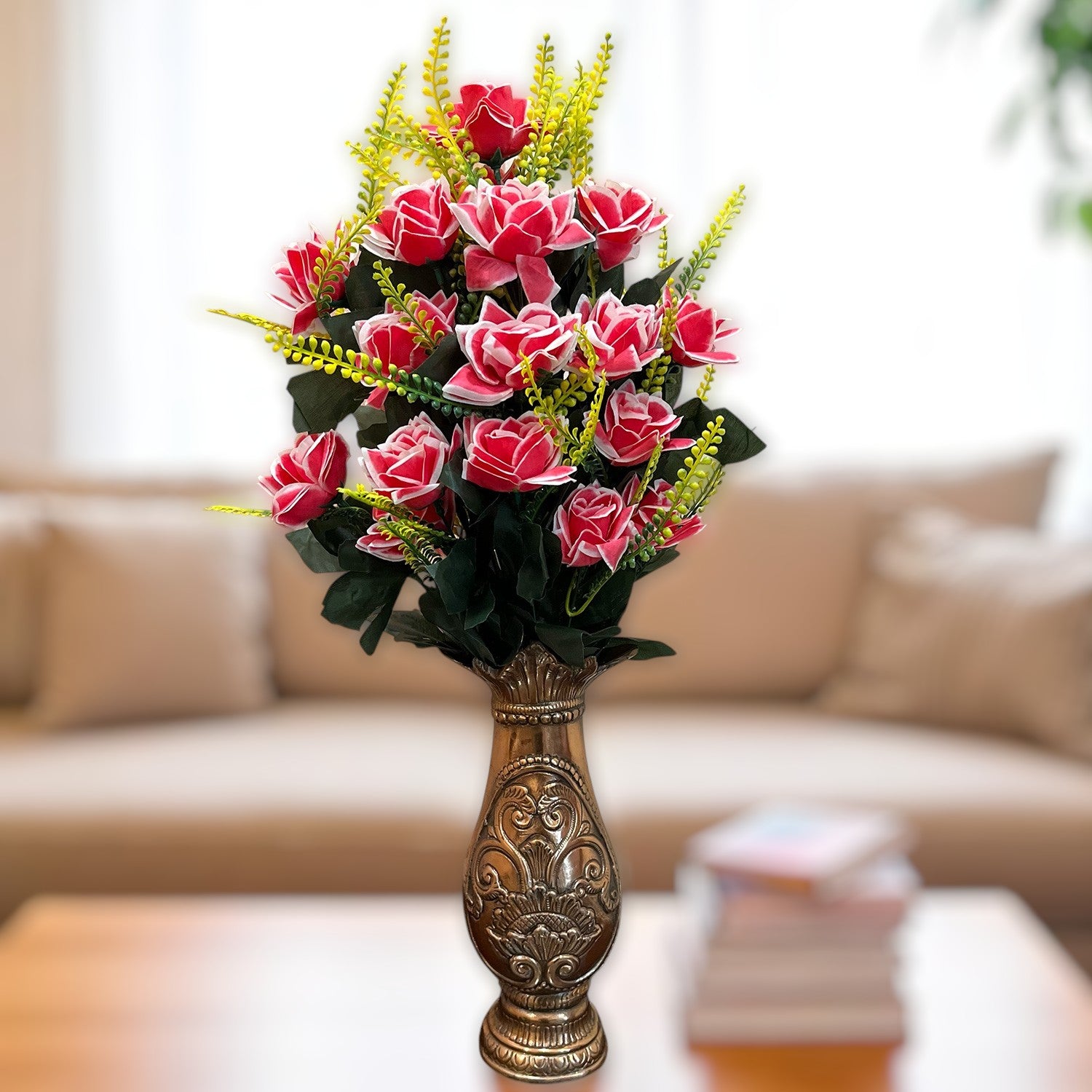 Artificial Flower Rose Bouquets | Faux Flowers Bunch - for Table Vase, Pot, Home Decor, Living Room, Side Table Centerpiece - 26 Inch - Apkamart #Colour_Pink