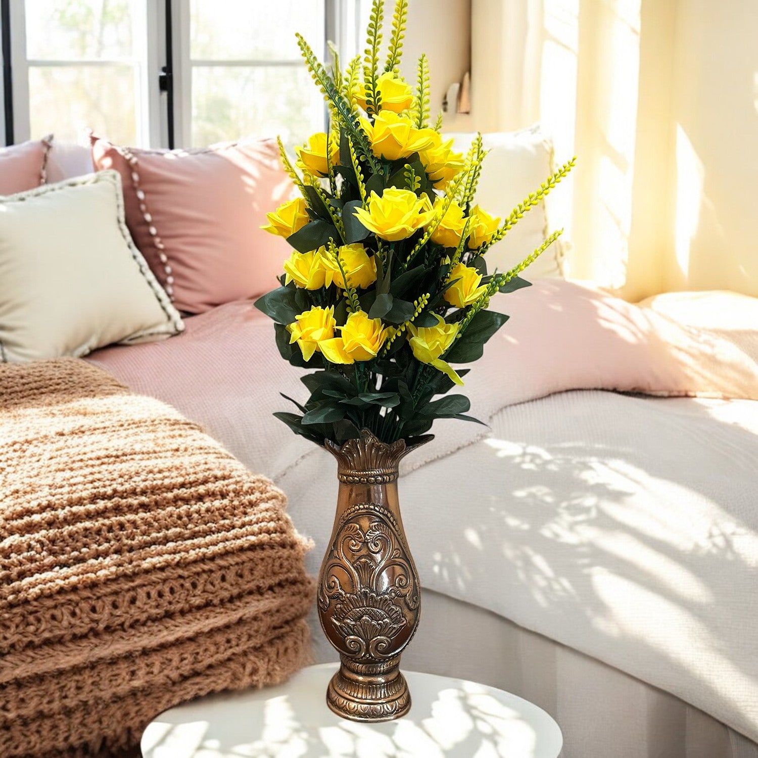 Artificial Flower Rose Bouquets | Faux Flowers Bunch - for Table Vase, Pot, Home Decor, Living Room, Side Table Centerpiece - 26 Inch - Apkamart #Colour_Yellow