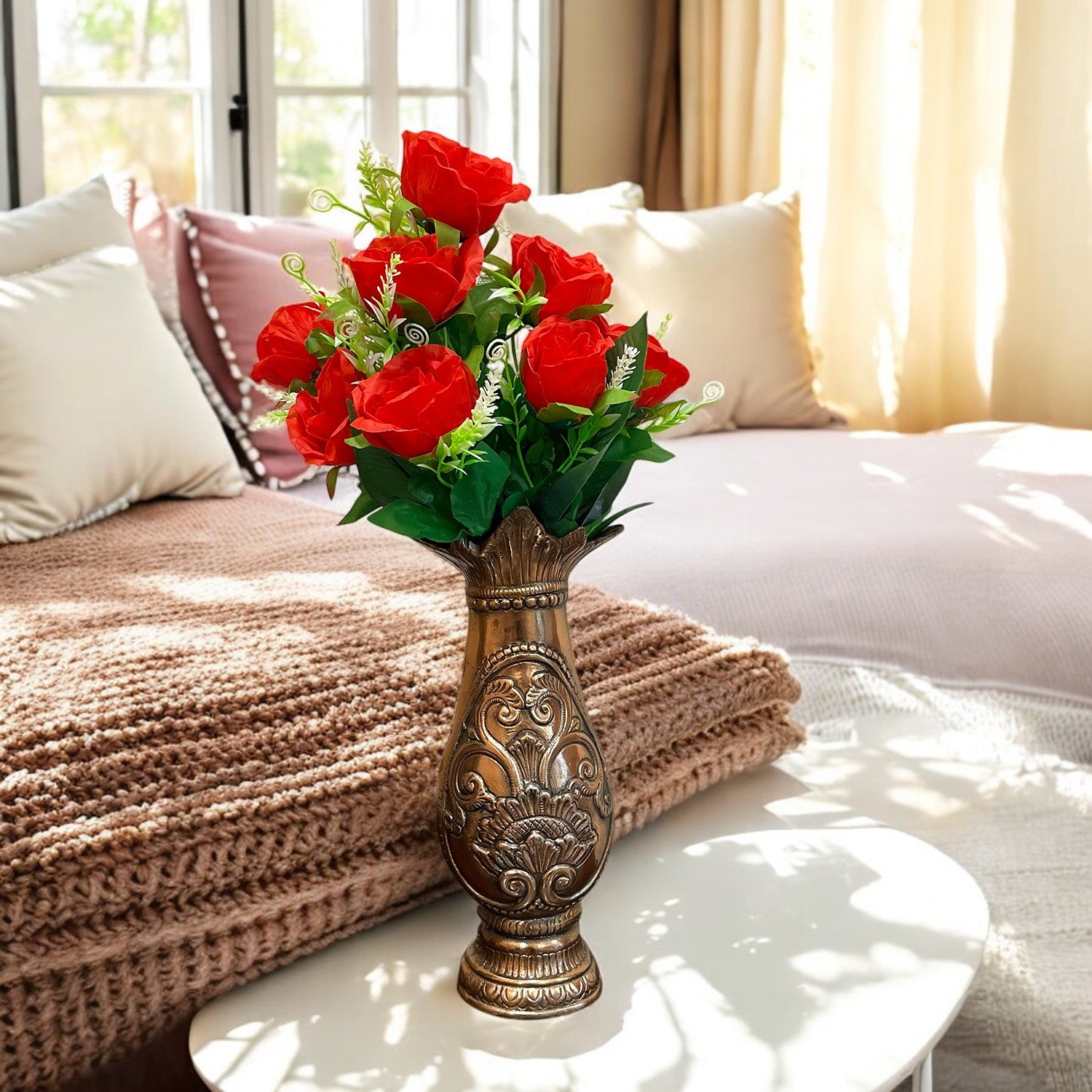 Artificial Rose Flower Bouquets | Faux Flowers Bunch - for Table Vase, Pot, Home Decor, Living Room, Side Table Centerpiece - 17 Inch - Apkamart #Style_Design 3