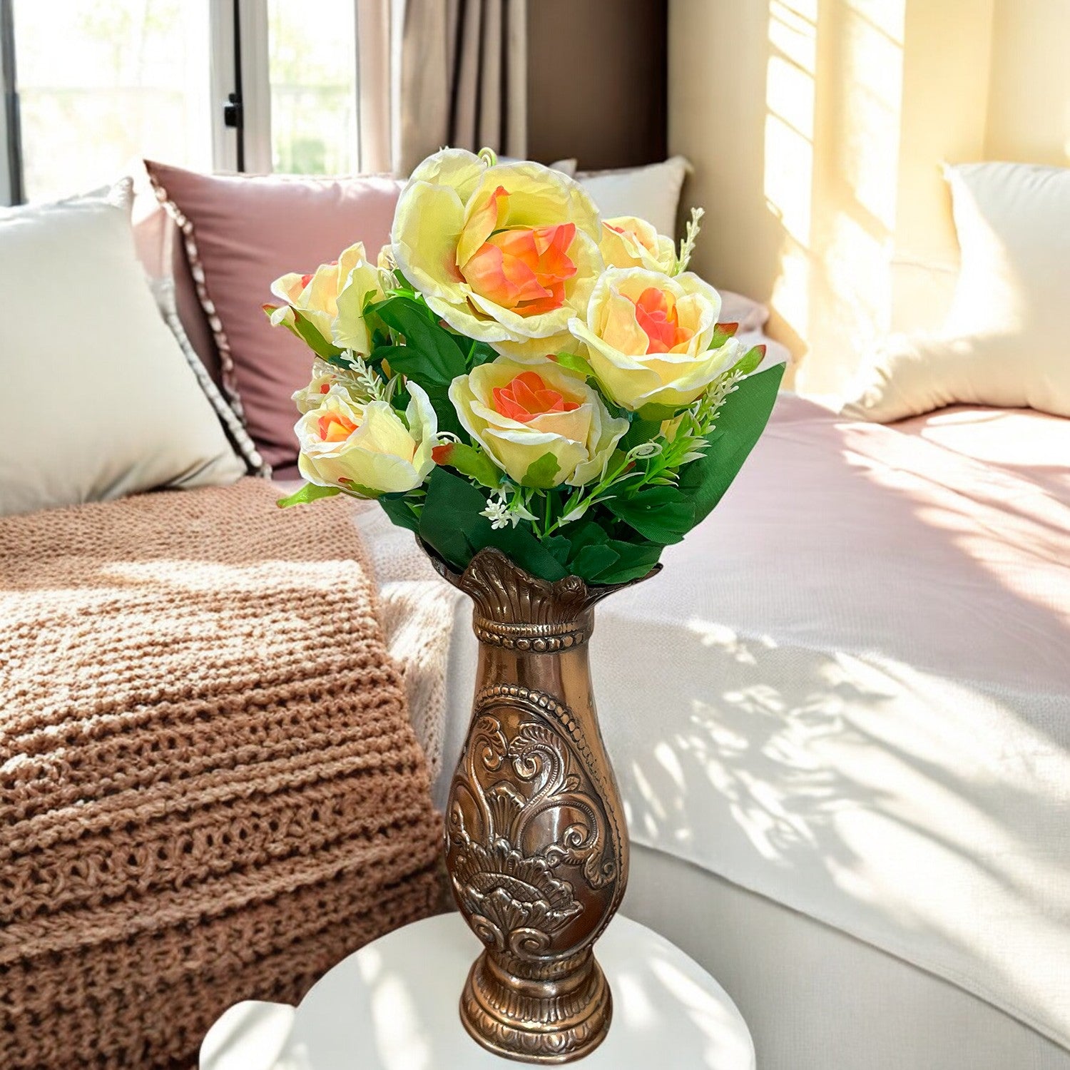 Artificial Rose Flower Bouquets | Faux Flowers Bunch - for Table Vase, Pot, Home Decor, Living Room, Side Table Centerpiece - 17 Inch - Apkamart #Style_Design 2