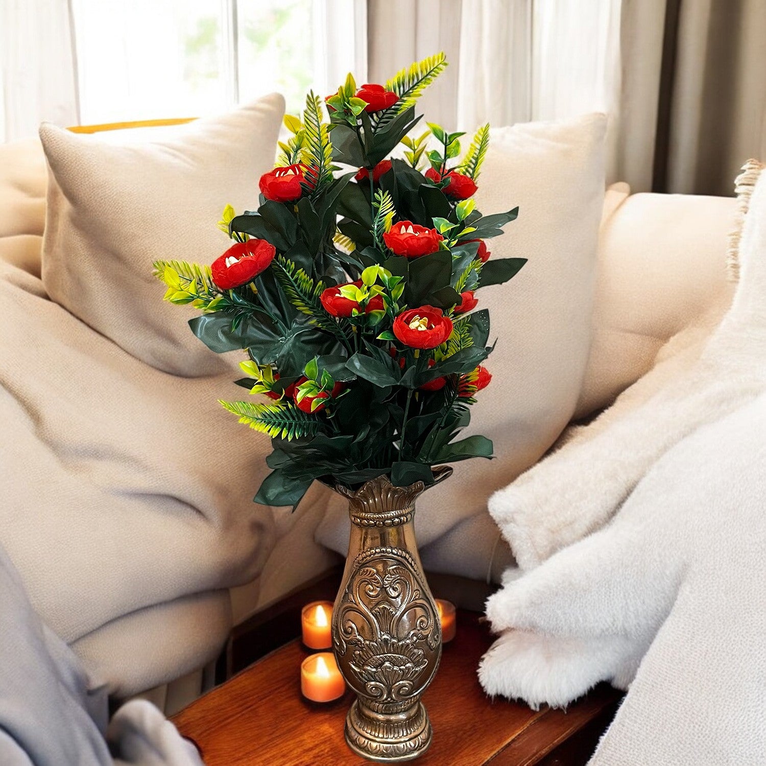 Artificial Flower Bouquets | Fake Flowers Bunch - For Vase, Home, Bedroom, Balcony, Office Corner, Living Room - 26 Inch - Apkamart #Colour_Red