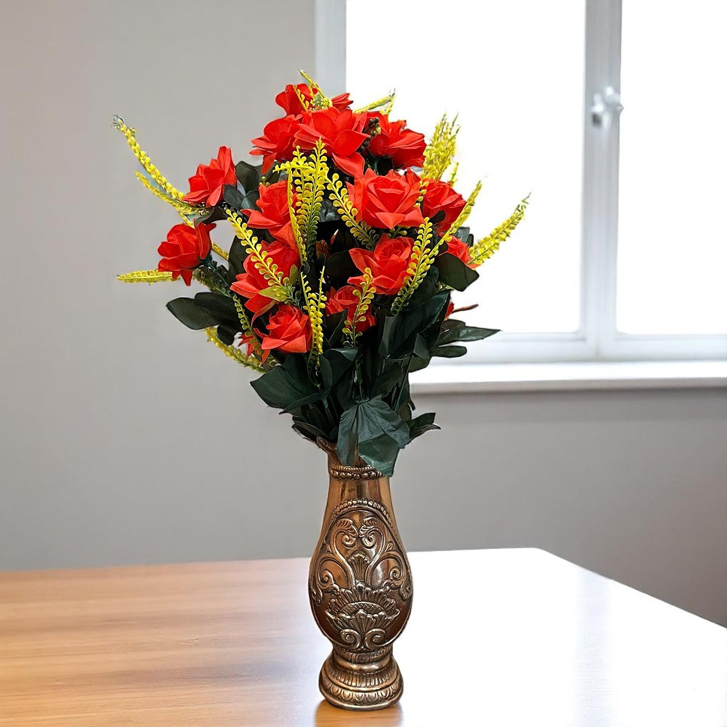 Artificial Flower Rose Bouquets | Faux Flowers Bunch - for Table Vase, Pot, Home Decor, Living Room, Side Table Centerpiece - 26 Inch - Apkamart #Colour_Red