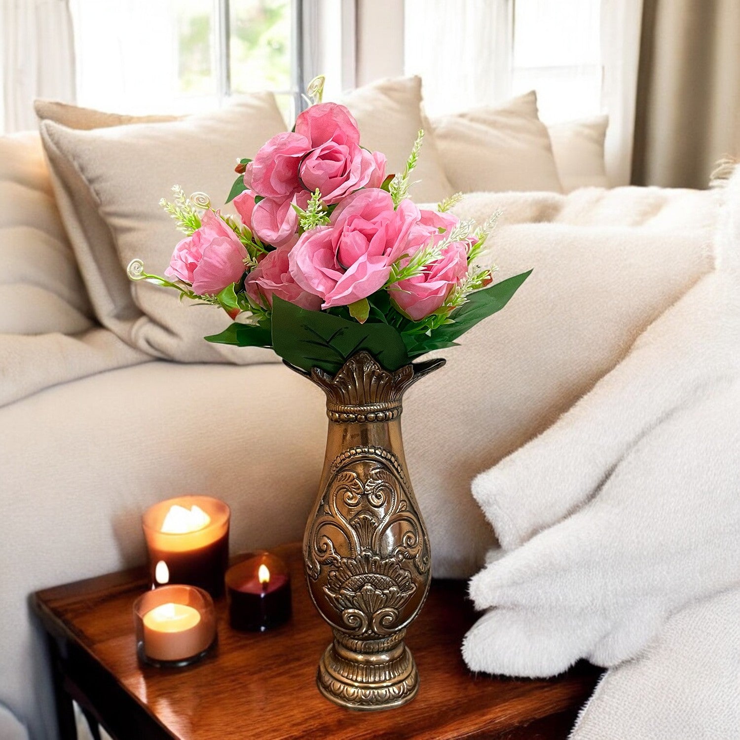 Artificial Rose Flower Bouquets | Faux Flowers Bunch - for Table Vase, Pot, Home Decor, Living Room, Side Table Centerpiece - 17 Inch - Apkamat #Style_Design 1